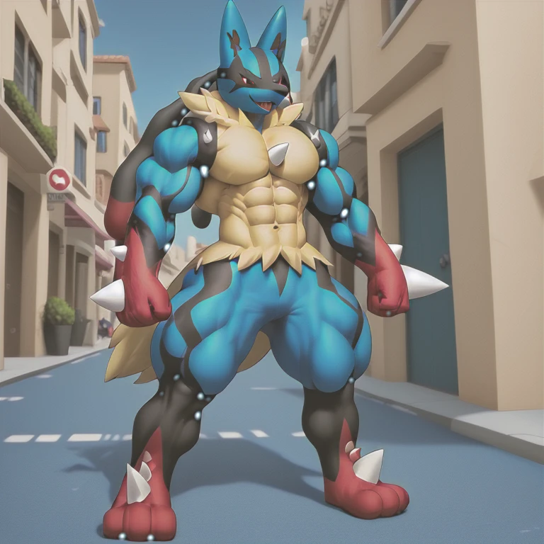 (masterpiece. official art. 8k. best quality. detailed full body. full body.)

(situation 1 : dominating Mega_Lucario. Mega_Lucario is over 1000 meters long. focus GIANT mechanical Muscular Mega_Lucario is trampling the city. Looking down. macro. stomp. Low-angle perspective. emphasizing the immense size.)
(situation 2 : Megacario destroys the city.)
(Additional details 2: Detailed head. Detailed Body. Detailed abs. gigantic muscles. HYPER MUSCLES. Gigachad Muscular. big muscle. pecs. triceps. traps. unusually developed muscular body. body full of huge muscles. showing off muscles. pectorales enormes. Exaggeratedly huge muscles. huge muscles. long legs.).

(Megacario, pokemon)

(blue skin, yellow fur,)
(An arrogant expression. smile at the corner of your mouth.)
No nipples. 