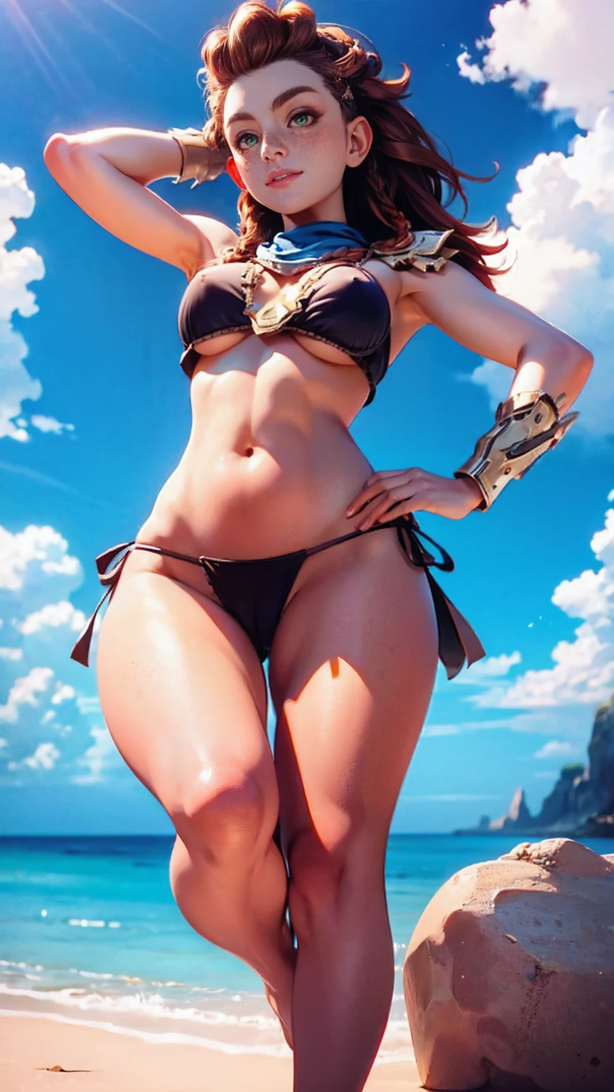 (ultra realistic,32k, masterpiece:1.1),(detailed skin) gtluc ,a woman, Bikini, ponytail, red bandana, in beach, (showing her back),(golden hour:1.1), , 8k uhd, dslr, high quality, large breasts, thick thighs, curvy hips, large buttocks 