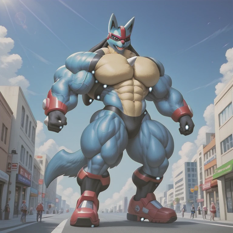 (masterpiece. official art. 8k. best quality. detailed full body. full body.)

(situation 1 : dominating Mega_Lucario. Mega_Lucario is over 1000 meters long. focus GIANT mechanical Muscular Mega_Lucario is trampling the city. Looking down. macro. stomp. Low-angle perspective. emphasizing the immense size.)
(situation 2 : Megacario destroys the city. He is angry.)
(Additional details 2: Detailed head. Detailed Body. Detailed abs. gigantic muscles. HYPER MUSCLES. Gigachad Muscular. big muscle. pecs. triceps. traps. unusually developed muscular body. body full of huge muscles. showing off muscles. pectorales enormes. Exaggeratedly huge muscles. huge muscles. long legs.).

(Megacario, pokemon)

(blue skin, yellow fur,)
(An arrogant expression. smile at the corner of your mouth.)
No nipples. 