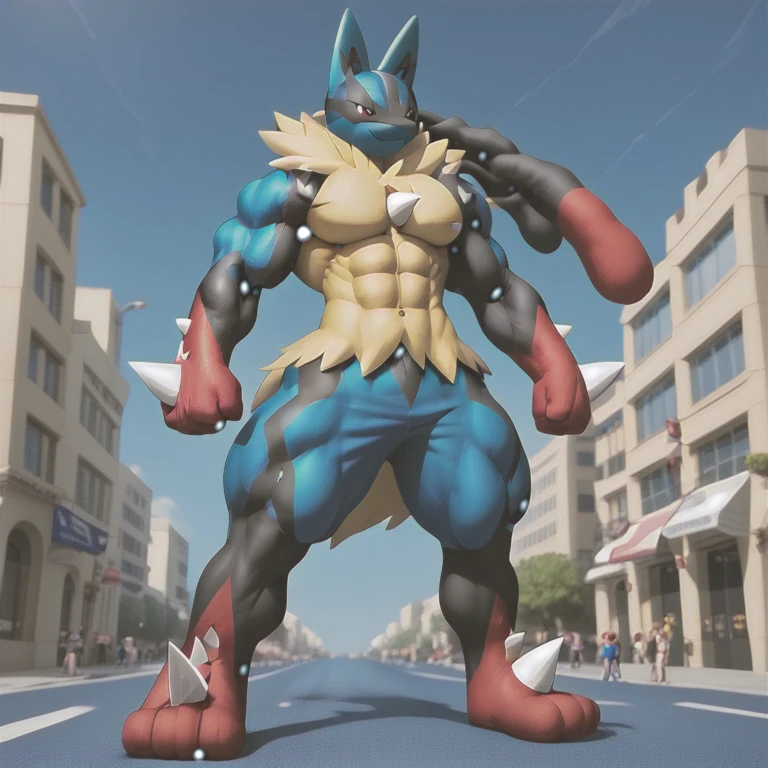 (masterpiece. official art. 8k. best quality. detailed full body. full body.)

(situation 1 : dominating Mega_Lucario. Mega_Lucario is over 1000 meters long. focus GIANT mechanical Muscular Mega_Lucario is trampling the city. Looking down. macro. stomp. Low-angle perspective. emphasizing the immense size.)
(situation 2 : Megacario destroys the city.)
(Additional details 2: Detailed head. Detailed Body. Detailed abs. gigantic muscles. HYPER MUSCLES. Gigachad Muscular. big muscle. pecs. triceps. traps. unusually developed muscular body. body full of huge muscles. showing off muscles. pectorales enormes. Exaggeratedly huge muscles. huge muscles. long legs.).

(Megacario, pokemon)

(blue skin, yellow fur,)
(An arrogant expression. smile at the corner of your mouth.)
No nipples. BULK UP.