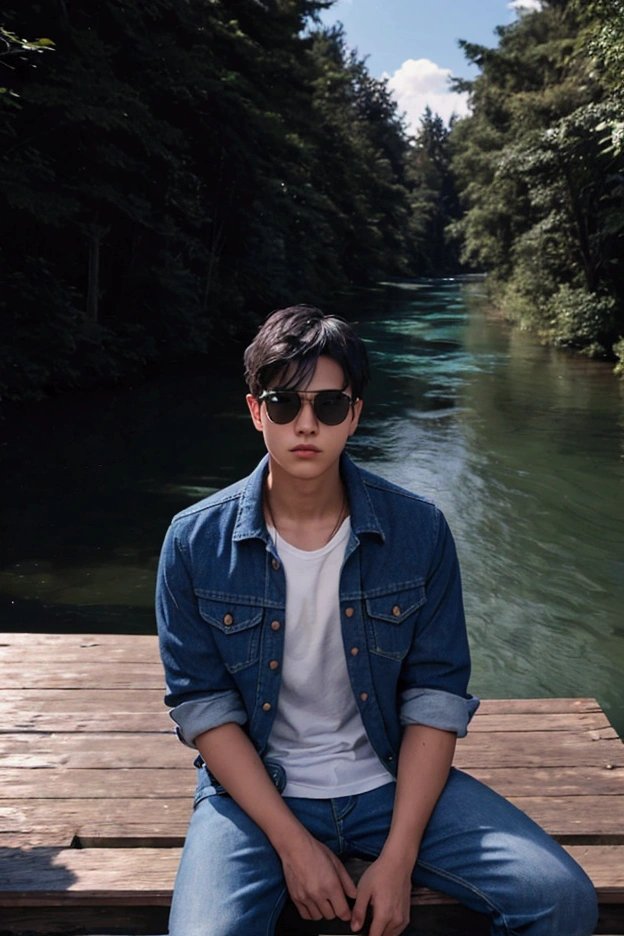 The image shows a young man sitting on a wooden bridge over a river. He is wearing a blue denim jacket, a white t-shirt, and blue jeans. He has short dark hair and is wearing sunglasses. The river is calm and there are trees and bushes in the background. The sky is blue and the overall mood of the image is peaceful and serene