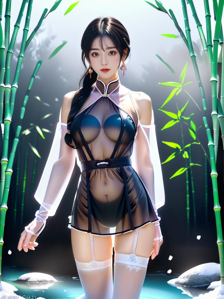 ((A woman)), 美丽脸庞的Sexy中国华裔女明星, Wearing a slime skirt, Wear dark black lace-up swimming trunks, (((Light theme, Exposing the subject, Sexy主题)))
((Transparent clothes: 1.5), (Revealing clothes: 1.5),  (Wet clothes:1.0), (Color of clothes: Bright pink), ((Wearing transparent clothing)), ((Irregular transparent clothing)))
(((night, Private hot spring, Surrounded by fog, bamboo forest, Standing in the water, Snow Scene))),
((desktop:1.0), (:1.4), (high resolution:1.2), (Reality:1.4))
((8K Ultra HD, 8K, 超high resolution, Best quality, Super Fine, Clear focus. Masterpieces, complete pattern, Ultra HD, Detailed photos, Best image quality，Ultra-clear，Delicate facial features，Well-defined, Highly rated works, Close-up depth of field photography, Above the knee, Symmetrical character)), 
((Creating the image of a real girl), Realistic shadows, Soft lighting, Dynamic Angle, Dynamic poses, Elegant Posture, Cowboy lens, Full body front view, Be confident, Facing the camera, Eyes looking towards camera lens, Standing posture, Open your legs slightly, Golden Ratio Graphics, Minimalism, Center the character), 
( Smile, Sexy的, Balanced Eyes, Realistic eyes, Beautiful details of the eyes,Pretty Face, (Realistic face), Normal facial features, Realistic skin, Pay attention to skin details, Skin is clean and radiant, Whitening, Anatomically correct body, Golden ratio figure, Sexy的身材), 
(Perfect makeup, Gloves, earrings, bracelet, necklace, Jewelry, Hair accessories, shawl, sock, Knee socks, 吊garter, Leg ring, garter, 腿部garter), 
((beautiful hair), Dark black hair, Wavy curly hairstyle, Waist-length hair, Messy Hairstyle, Gradient hairstyles, Cyberpunk Hairstyle, High double ponytail hairstyle), 
(Sexy的, Perfect breast shape, Teardrop chest shape, Snow-white breasts, Very detailed breasts, 34C cup), 
(Super high waist, Deep V, Low-cut, Sexy, Flattering, Open crotch, (Clear camel toe, (High fork strangulation))),
(((Clear outline, Clear underwear, 透明Sexy的穿着)))