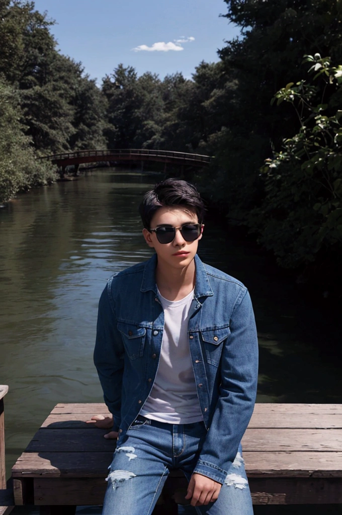 The image shows a young man sitting on a wooden bridge over a river. He is wearing a blue denim jacket, a white t-shirt, and blue jeans. He has short dark hair and is wearing sunglasses. The river is calm and there are trees and bushes in the background. The sky is blue and the overall mood of the image is peaceful and serene