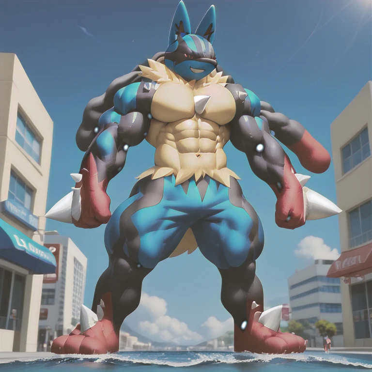 (masterpiece. official art. 8k. best quality. detailed full body. full body.)

(situation 1 : dominating Lucario. Lucario is over 1000 meters long. focus GIANT mechanical Muscular Lucario is trampling the city. Looking down. macro. stomp. Low-angle perspective. emphasizing the immense size.)
(situation 2 : lucario destroys the city. He is angry.)
(Additional details 2: Detailed head. Detailed Body. Detailed abs. gigantic muscles. HYPER MUSCLES. Gigachad Muscular. big muscle. pecs. triceps. traps. unusually developed muscular body. body full of huge muscles. showing off muscles. pectorales enormes. Exaggeratedly huge muscles. huge muscles. long legs.bulk up.).

(blue skin, yellow fur,)
(An arrogant expression. smile at the corner of your mouth.)
No nipples. 