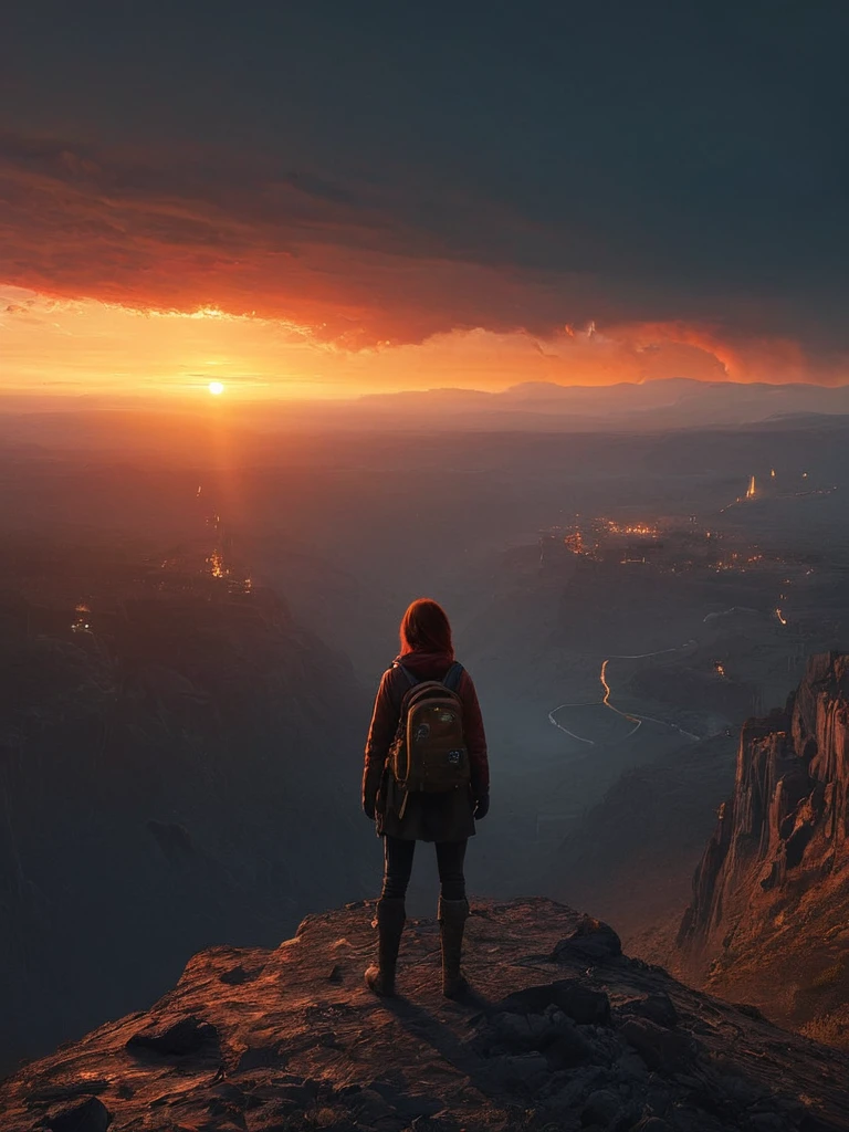 Spectacular artistic fusion,  The dreaded silence that hungers: out there and back. A lone figure of a female explorer with a backpack standing at the edge of a cliff, pensively staring out into a vast landscape of a dystopian and desolate city, at sunset, ray tracing, crepuscular rays, (cerebral:1.2), moody and atmospheric, cinematic masterpiece, a truly epic composition, apocalyptic art, futuristic folklore, (adventure pulp:1.3), she symbolises courage and resilience. The red haze fallout background should suggest a new dawn that aims to represent the "the day after tomorrow". Darkly Surreal colour palette, a combination of warm and cold hues, a spectacular fusion of colour and rich textures, surreal science fiction by surreal science fiction art—Simon Stålenhag, Jedd Chevrier, Michal Karcz, Darek Zabrocki, Kevin Jenkins and Sergei Sarichev, Piotr Jabłoński, ominous sky, Saby Menyhei, Sebastian Luca, immersive landscapes—Jon McCoy and Sparth, lush textures, unreal engine, octane render, visually interesting storytelling art, 4k, (epic art:1.4), gilded and desolate society to instill a sense of fear, but equally hope and a new beginning.