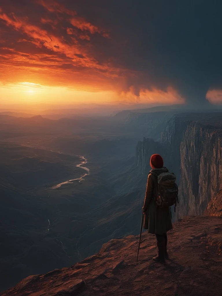 Spectacular artistic fusion,  The dreaded silence that hungers: out there and back. A lone figure of a female explorer with a backpack standing at the edge of a cliff, pensively staring out into a vast landscape of a dystopian and desolate city, at sunset, ray tracing, crepuscular rays, (cerebral:1.2), moody and atmospheric, cinematic masterpiece, a truly epic composition, apocalyptic art, futuristic folklore, (adventure pulp:1.3), she symbolises courage and resilience. The red haze fallout background should suggest a new dawn that aims to represent the "the day after tomorrow". Darkly Surreal colour palette, a combination of warm and cold hues, a spectacular fusion of colour and rich textures, surreal science fiction by surreal science fiction art—Simon Stålenhag, Jedd Chevrier, Michal Karcz, Darek Zabrocki, Kevin Jenkins and Sergei Sarichev, Piotr Jabłoński, ominous sky, Saby Menyhei, Sebastian Luca, immersive landscapes—Jon McCoy and Sparth, lush textures, unreal engine, octane render, visually interesting storytelling art, 4k, (epic art:1.4), gilded and desolate society to instill a sense of fear, but equally hope and a new beginning.