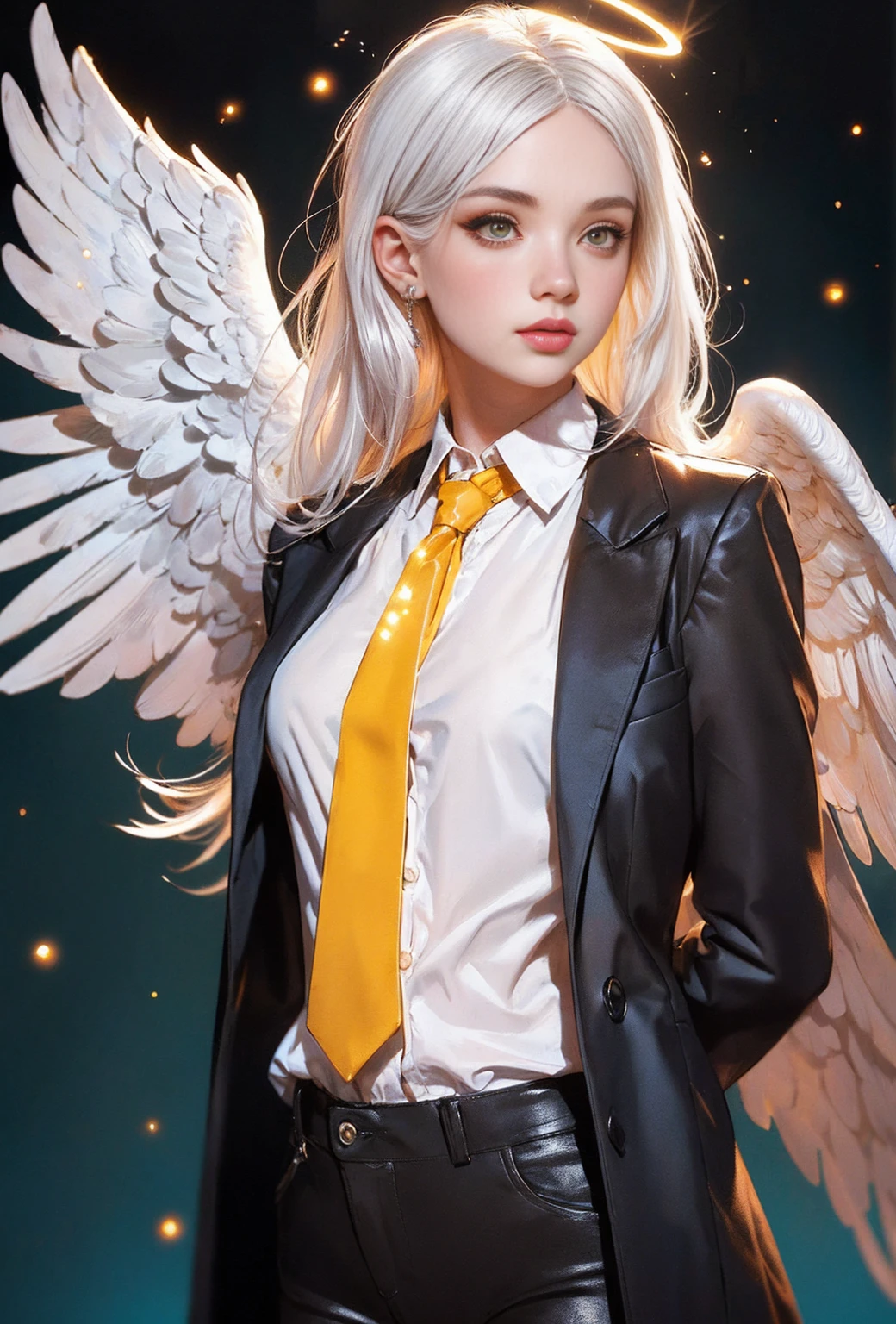 3D rendering, (masterpiece, best quality:1.3), (ultra-detailed:1.3), 1girl, solo, (white hair, messy hair, long hair), (angel wings, angel halo), flat chest, yellow eyes, (white shirt, black necktie, black coat, open coat), cowboy shot, cinematic lighting, (((glowing light particles))), (arms behind back), dynamic angle,