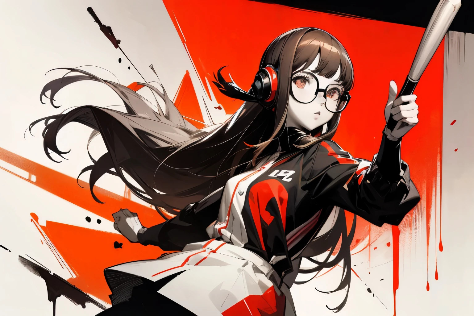 Solo, long hair with blunt bangs, glasses and headphones, dsfutaba, primary colour is red, closeup, detailed, detailed, details, high quality, solo, young woman, studying, monochrome, (spot color:1.2), (style art:1.2), shades of red, primary colour is red, secondary colour is orange, baseball, basebat, sport pose, sports