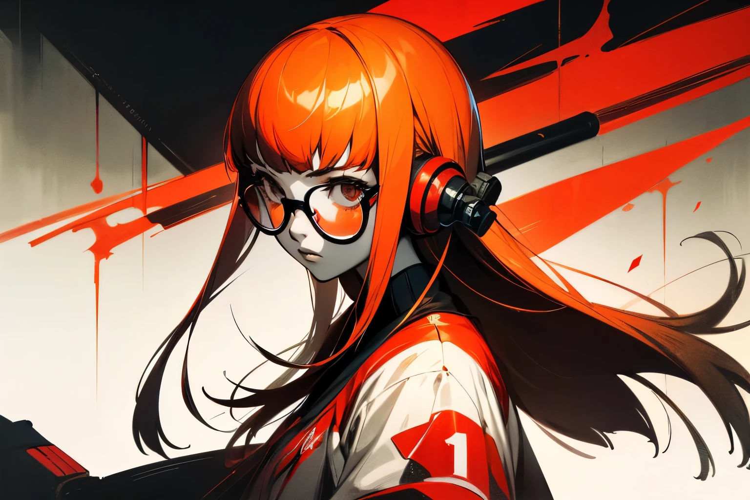 Solo, long hair with blunt bangs, glasses and headphones, dsfutaba, primary colour is red, closeup, detailed, detailed, details, high quality, solo, young woman, studying, monochrome, (spot color:1.2), (style art:1.2), shades of red, primary colour is red, secondary colour is orange, baseball, basebat, sport pose, sports