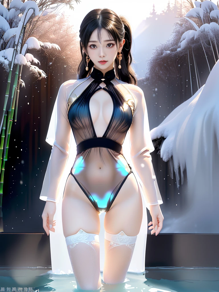 ((A woman)), 美丽脸庞的Sexy中国华裔女明星, Wearing a slime skirt, Wear dark black lace-up swimming trunks, (((Light theme, Exposing the subject, Sexy主题)))
((Transparent clothes: 1.5), (Revealing clothes: 1.5),  (Wet clothes:1.0), (Color of clothes: Bright pink), ((Wearing transparent clothing)), ((Irregular transparent clothing)))
(((night, Private hot spring, Surrounded by fog, bamboo forest, Standing in the water, Snow Scene))),
((desktop:1.0), (:1.4), (high resolution:1.2), (Reality:1.4))
((8K Ultra HD, 8K, 超high resolution, Best quality, Super Fine, Clear focus. Masterpieces, complete pattern, Ultra HD, Detailed photos, Best image quality，Ultra-clear，Delicate facial features，Well-defined, Highly rated works, Close-up depth of field photography, Above the knee, Symmetrical character)), 
((Creating the image of a real girl), Realistic shadows, Soft lighting, Dynamic Angle, Dynamic poses, Elegant Posture, Cowboy lens, Full body front view, Be confident, Facing the camera, Eyes looking towards camera lens, Standing posture, Open your legs slightly, Golden Ratio Graphics, Minimalism, Center the character), 
( Smile, Sexy的, Balanced Eyes, Realistic eyes, Beautiful details of the eyes,Pretty Face, (Realistic face), Normal facial features, Realistic skin, Pay attention to skin details, Skin is clean and radiant, Whitening, Anatomically correct body, Golden ratio figure, Sexy的身材), 
(Perfect makeup, Gloves, earrings, bracelet, necklace, Jewelry, Hair accessories, shawl, sock, Knee socks, 吊garter, Leg ring, garter, 腿部garter), 
((beautiful hair), Dark black hair, Wavy curly hairstyle, Waist-length hair, Messy Hairstyle, Gradient hairstyles, Cyberpunk Hairstyle, High double ponytail hairstyle), 
(Sexy的, Perfect breast shape, Teardrop chest shape, Snow-white breasts, Very detailed breasts, 34C cup), 
(Super high waist, Deep V, Low-cut, Sexy, Flattering, Open crotch, (Clear camel toe, (High fork strangulation))),
(((Clear outline, Clear underwear, 透明Sexy的穿着)))