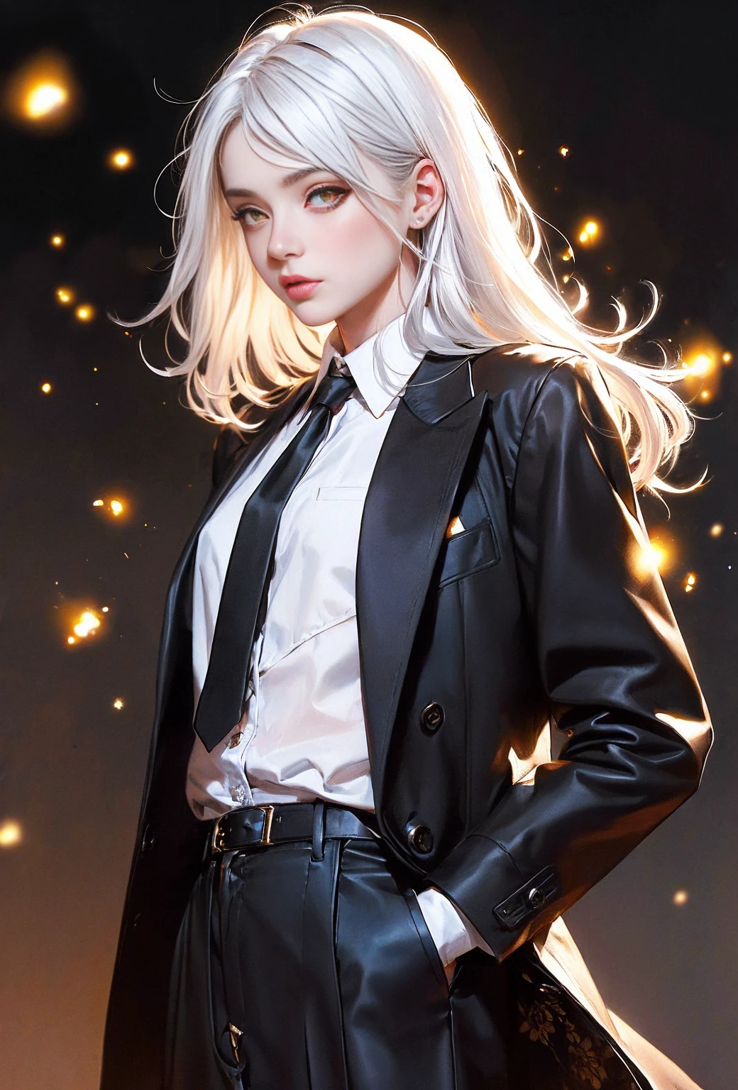 (Masterpiece, Best Quality:1.3), (Portrait:1.3), Solo, (White Hair, Messy Hair, Long Hair), Flat Chest, Yellow Eyes, (White Shirt, Black Tie, Black Coat, Open Coat), Cowboy Shot, Cinematic Lighting, (((Glowing Light Particles))), (Arms Behind Back), Dynamic Angles,