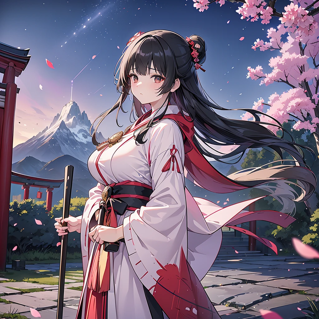 (Best Quality, masterpiece),(One woman, Shrine maiden, Coat, expression, Black Eyes, Look ahead ,Black Hair, walk, Upper Body), (Night maze sky, Behind a big old tree, Shiny pink petals fall behind, The shrine behind, Mountain Background, Blowing Wind, meteor cloud)、Large Breasts、Holding a broom