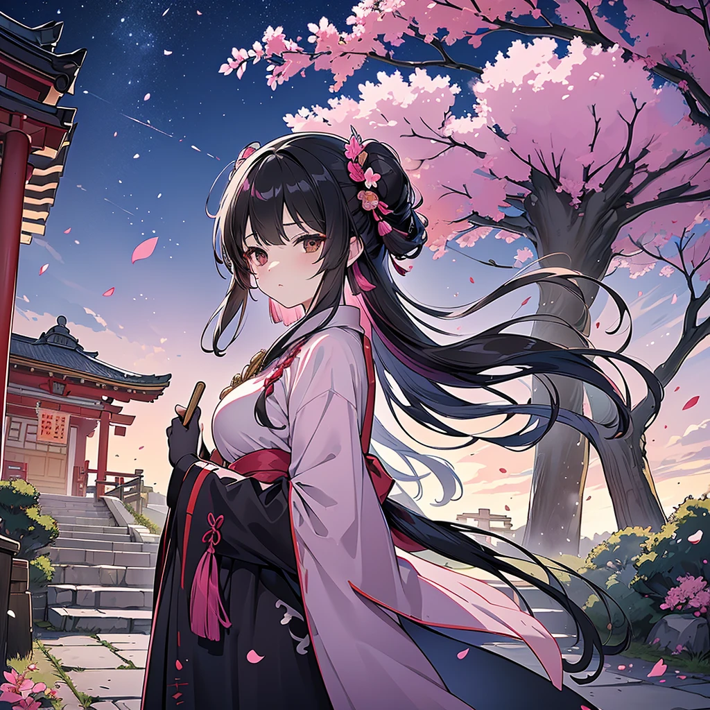 (Best Quality, masterpiece),(One woman, Shrine maiden, Coat, expression, Black Eyes, Look ahead ,Black Hair, walk, Upper Body), (Night maze sky, Behind a big old tree, Shiny pink petals fall behind, The shrine behind, Mountain Background, Blowing Wind, meteor cloud)、Large Breasts、Holding a broom