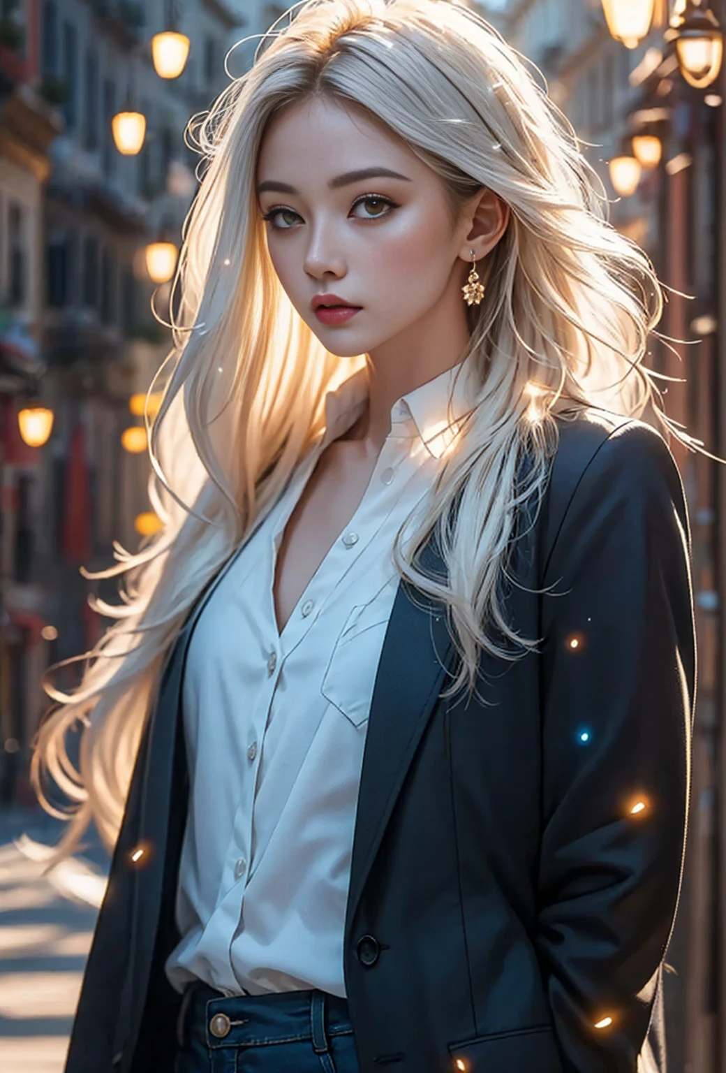 woman long blonde hair, cheerful, white jeans, long white coat, belt, bracelets, holsters, rivets, walking on city street with explosions behind, night, movie poster.