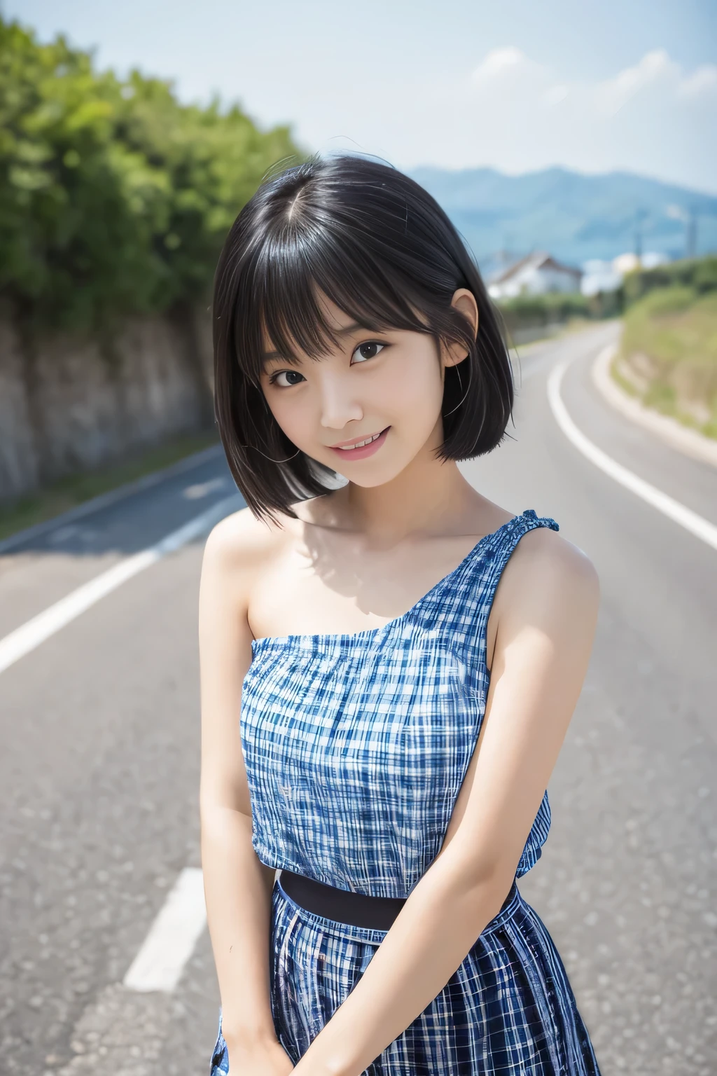 8K,masterpiece,Japanese,-yeld gifrom the front,smile,cute,Innocent face,Innocent,Kind eyes,Childish,Plain T-shirt,Short sleeve,Blue checked short skirt,semi-long,Hair blowing in the wind,Black Hair,Somewhat strong wind,noon,bright,Sitting、M-shaped feet, (Large Breasts:1.2),(Emphasize the chest)