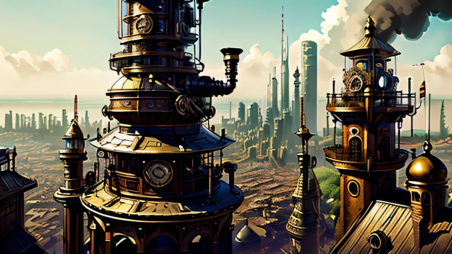 Steampunk City、Overlooking the city from the top of the tower、Rising steam、Countless metal pipes、Clock Tower