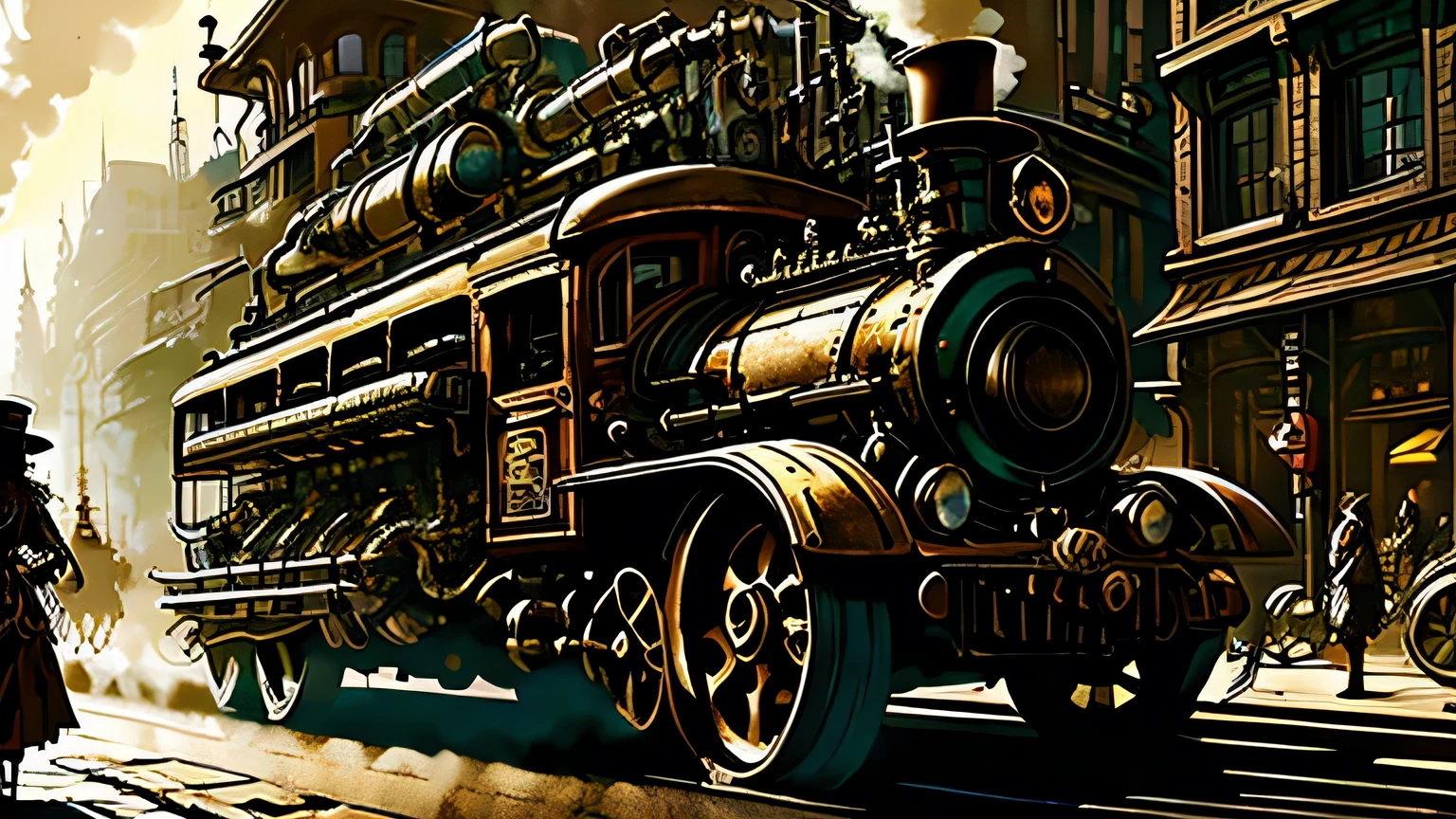 Steampunk City、In the hustle and bustle of the city、Rising steam、Countless metal pipes、A girl standing alone、In the background is a steam bus running through the city.