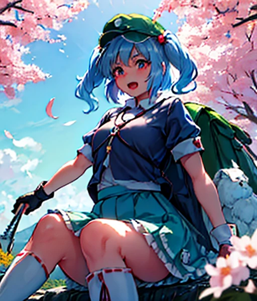 (Inubashiri Momiji and Kawashiro Nitori playing a board game),2girls, playing a board game,outdoors, inubashiri momiji, wolf ears, tokin hat, short hair, red eyes, white hair, detached sleeves,skirt, open mouth, kawashiro nitori, blue eyes, blue hair, medium hair, two side up, short twintails, sidelocks, blue shirt, short sleeves, collared shirt, frills, blue skirt, skirt set, pocket, knee boots, blue footwear, rubber boots, green headwear, flat cap, hair bobbles, backpack, key, cucumber, crowbar, reeds, mechanical arms, wrench, Riding a pure white thoroughbred　Riding a pure white winged horse　Cherry Blossoms at Night　Cherry blossom blizzard at night　Riding a pure white horse　Riding a Pure White Thoroughbred　Autumn scenery　autumn leaves🍁