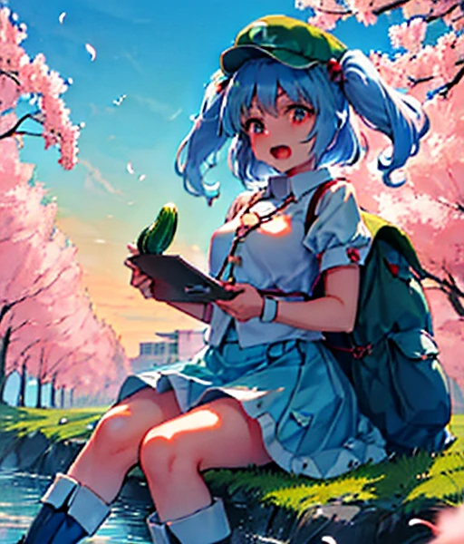 (Inubashiri Momiji and Kawashiro Nitori playing a board game),2girls, playing a board game,outdoors, inubashiri momiji, wolf ears, tokin hat, short hair, red eyes, white hair, detached sleeves,skirt, open mouth, kawashiro nitori, blue eyes, blue hair, medium hair, two side up, short twintails, sidelocks, blue shirt, short sleeves, collared shirt, frills, blue skirt, skirt set, pocket, knee boots, blue footwear, rubber boots, green headwear, flat cap, hair bobbles, backpack, key, cucumber, crowbar, reeds, mechanical arms, wrench, Riding a pure white thoroughbred　Riding a pure white winged horse　Cherry Blossoms at Night　Cherry blossom blizzard at night　Riding a pure white horse　Riding a Pure White Thoroughbred　Autumn scenery　autumn leaves🍁