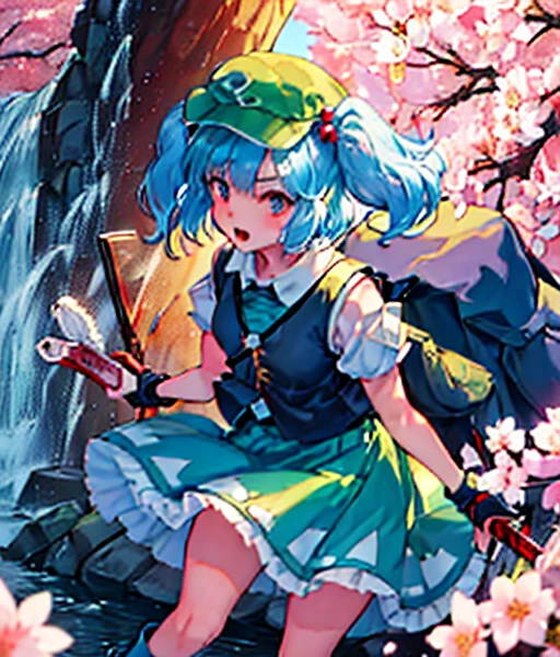 (Inubashiri Momiji and Kawashiro Nitori playing a board game),2girls, playing a board game,outdoors, inubashiri momiji, wolf ears, tokin hat, short hair, red eyes, white hair, detached sleeves,skirt, open mouth, kawashiro nitori, blue eyes, blue hair, medium hair, two side up, short twintails, sidelocks, blue shirt, short sleeves, collared shirt, frills, blue skirt, skirt set, pocket, knee boots, blue footwear, rubber boots, green headwear, flat cap, hair bobbles, backpack, key, cucumber, crowbar, reeds, mechanical arms, wrench, Riding a pure white thoroughbred　Riding a pure white winged horse　Cherry Blossoms at Night　Cherry blossom blizzard at night　Riding a pure white horse　Riding a Pure White Thoroughbred　Autumn scenery　autumn leaves🍁