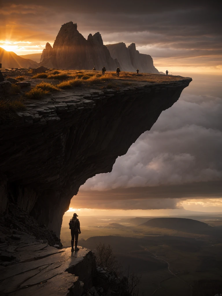 Spectacular artistic fusion,  The dreaded silence that hungers: out there and back. A lone figure of a female explorer with a backpack standing at the edge of a cliff, pensively staring out into a vast landscape of a dystopian and desolate city, at sunset, ray tracing, crepuscular rays, (cerebral:1.2), moody and atmospheric, cinematic masterpiece, a truly epic composition, apocalyptic art, futuristic folklore, (adventure pulp:1.3), she symbolises courage and resilience. The red haze fallout background should suggest a new dawn that aims to represent the "the day after tomorrow". Darkly Surreal colour palette, a combination of warm and cold hues, a spectacular fusion of colour and rich textures, surreal science fiction by surreal science fiction art—Simon Stålenhag, Jedd Chevrier, Michal Karcz, Darek Zabrocki, Kevin Jenkins and Sergei Sarichev, Piotr Jabłoński, ominous sky, Saby Menyhei, Sebastian Luca, immersive landscapes—Jon McCoy and Sparth, lush textures, unreal engine, octane render, visually interesting storytelling art, 4k, (epic art:1.4), gilded and desolate society to instill a sense of fear, but equally hope and a new beginning.