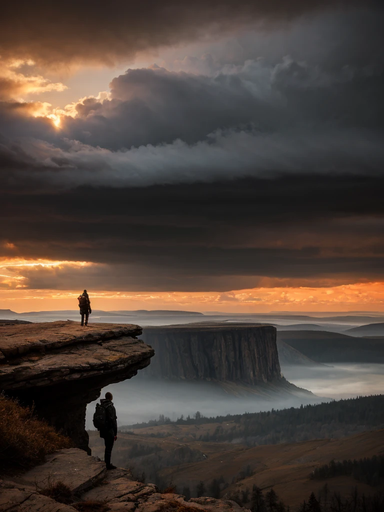 Spectacular artistic fusion,  The dreaded silence that hungers: out there and back. A lone figure of a female explorer with a backpack standing at the edge of a cliff, pensively staring out into a vast landscape of a dystopian and desolate city, at sunset, ray tracing, crepuscular rays, (cerebral:1.2), moody and atmospheric, cinematic masterpiece, a truly epic composition, apocalyptic art, futuristic folklore, (adventure pulp:1.3), she symbolises courage and resilience. The red haze fallout background should suggest a new dawn that aims to represent the "the day after tomorrow". Darkly Surreal colour palette, a combination of warm and cold hues, a spectacular fusion of colour and rich textures, surreal science fiction by surreal science fiction art—Simon Stålenhag, Jedd Chevrier, Michal Karcz, Darek Zabrocki, Kevin Jenkins and Sergei Sarichev, Piotr Jabłoński, ominous sky, Saby Menyhei, Sebastian Luca, immersive landscapes—Jon McCoy and Sparth, lush textures, unreal engine, octane render, visually interesting storytelling art, 4k, (epic art:1.4), gilded and desolate society to instill a sense of fear, but equally hope and a new beginning.