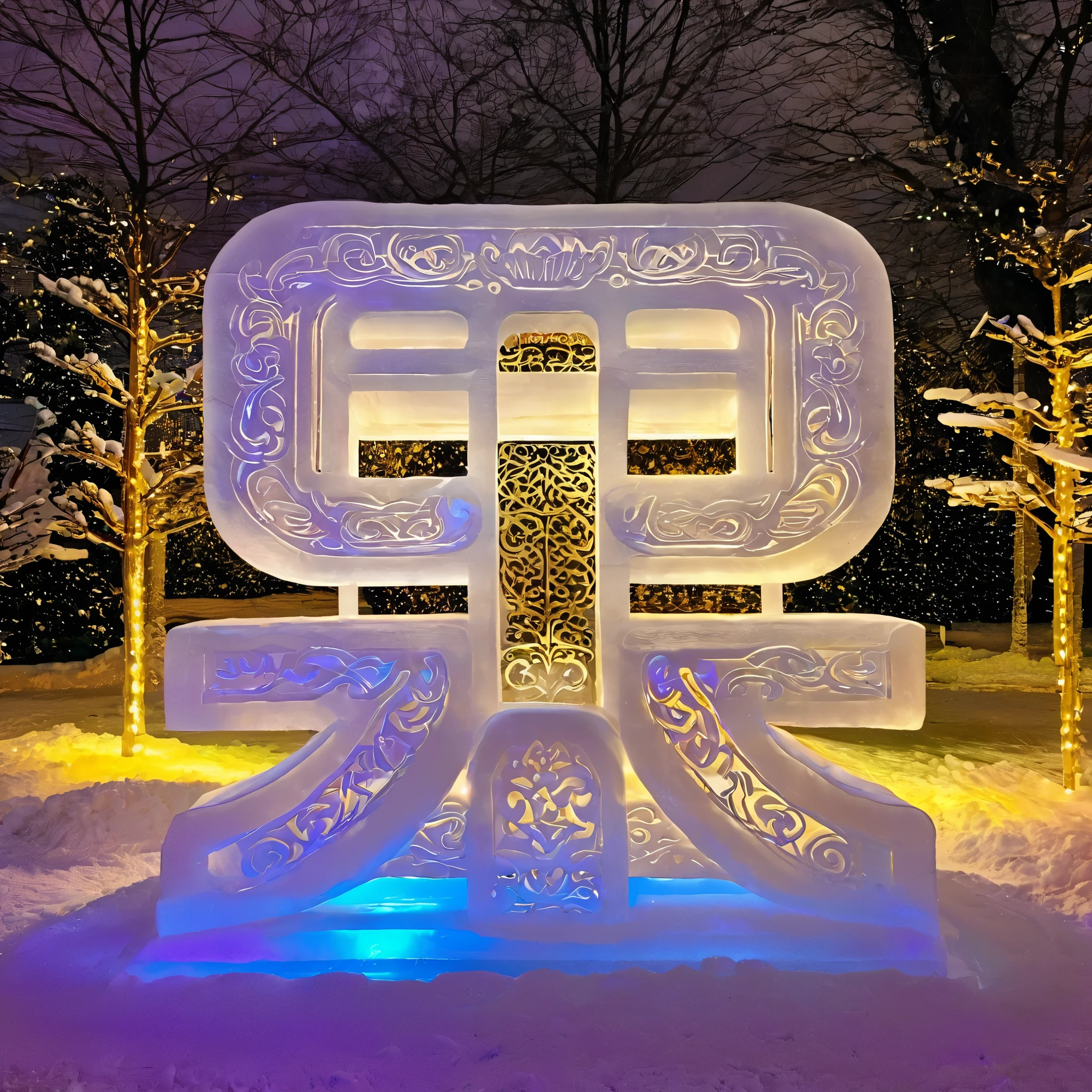 Ice Sculpture, Snow background, masterpiece, Best quality High quality,, Highly detailed，Detailed Chinese pattern，landscape，dragon，night，Gorgeous lighting