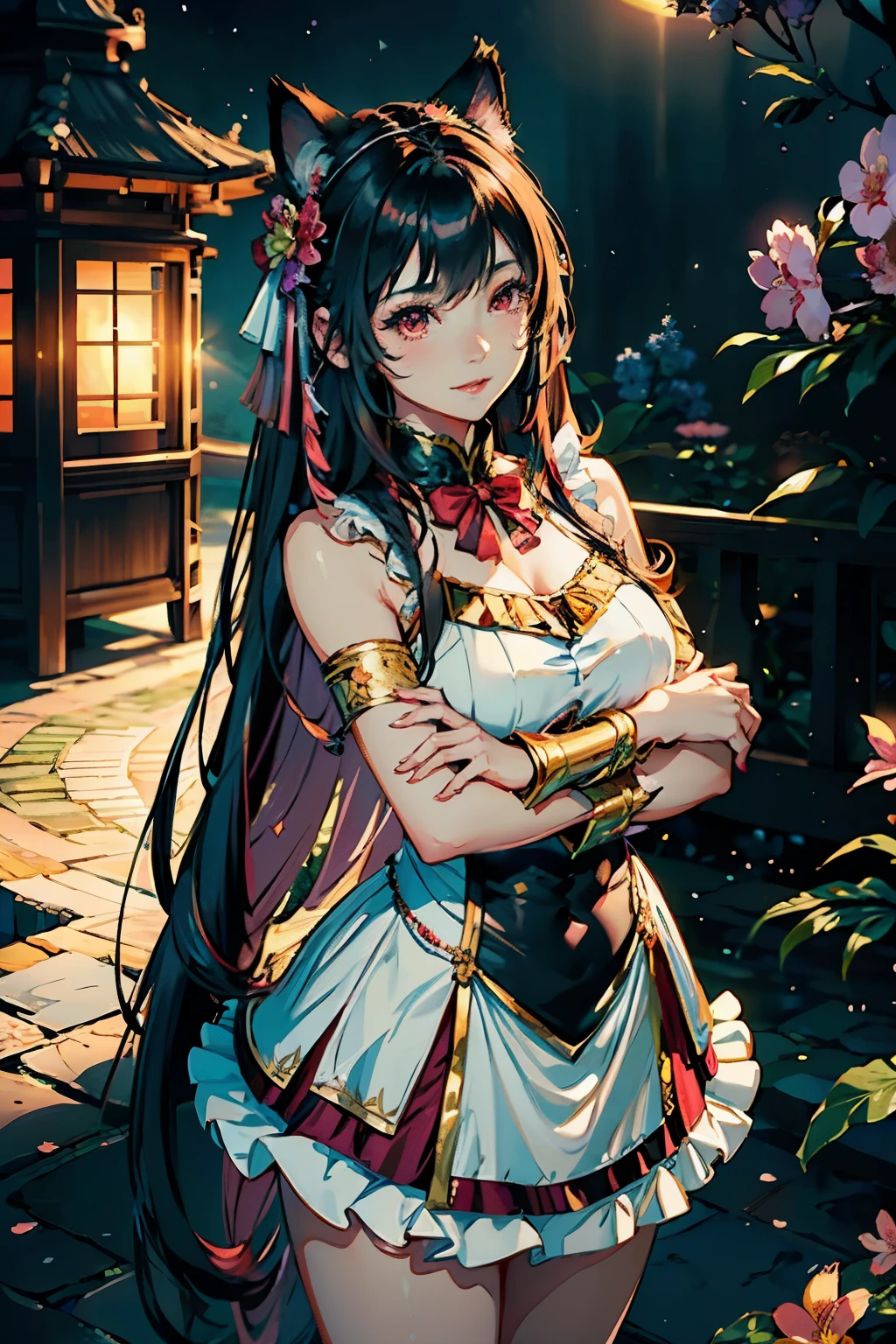 (highest quality, masterpiece, High resolution)、(anime art)、bright light、brown eyes、(Cat ear)、long hair、hair ornaments、choker、Cute face details、enchanting smile、small breasts、whole body、((sakura tropical background))、 red gold black dress outfit,  red gold black outfits(best quality,4k,8k,highres,masterpiece:1.2),ultra-detailed,(realistic,photorealistic,photo-realistic:1.37),acrylic painting,beautiful Indonesian model in a red Lolita dress with downy hair,beautiful Indonesian model with extremely colorful hair and detailed facial features,beautiful Indonesian model standing in a beautiful garden surrounded by a starry sky,beautiful Indonesian model wearing a vibrant Lolita dress,beautiful Indonesian model with intricate accessories,beautiful Indonesian model posing gracefully,beautiful Indonesian model with long flowing long hair,beautiful bright brown eyes and rosy lips,beautiful Indonesian model with a joyful expression,beautiful Indonesian model in a dynamic pose with cherry blossoms falling around her,beautiful Indonesian model surrounded by colorful flowers and butterflies,beautiful Indonesian model's dress adorned with cute bows and lace details,beautiful Indonesian model with an enchanting smile,beautiful Indonesian model with soft, pastel-colored shading,beautiful Indonesian model with a magical glow illuminating her,beautiful Indonesian model in a picturesque setting with a winding path leading to a magnificent castle,beautiful Indonesian model with a fairytale-like background,beautiful Indonesian model with a soft, dreamy atmosphere,beautiful Indonesian model with a subtle bokeh effect,beautiful Indonesian model standing under a moonlit sky,beautiful Indonesian model with a warm, golden sunset in the background,beautiful Indonesian model surrounded by twinkling stars and colorful nebulae,creating an ethereal and captivating artistic, cat ears, smiling 