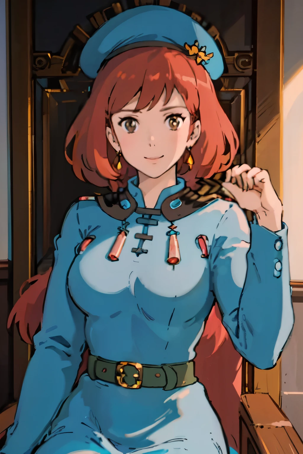 masterpiece, high quality, 1girl,, (masterpiece:1.4), (best qualit:1.4), (high resolution:1.4), 1girl, redhead, big breasts, muscular body, brown eyes, smile, Nausicaa, sit on a chair, colorful, upper body, ghibli style, sfw,  facing the viewer, looking at the viewer, blue uniform, blue skirt, belt, (blue beret)