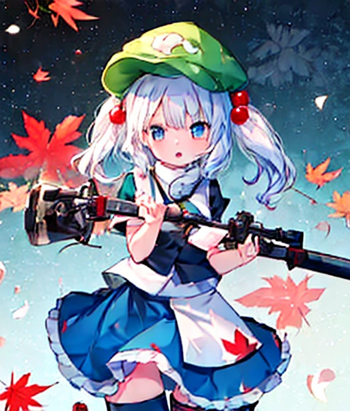 (Inubashiri Momiji and Kawashiro Nitori playing a board game),2girls, playing a board game,outdoors, inubashiri momiji, wolf ears, tokin hat, short hair, red eyes, white hair, detached sleeves,skirt, open mouth, kawashiro nitori, blue eyes, blue hair, medium hair, two side up, short twintails, sidelocks, blue shirt, short sleeves, collared shirt, frills, blue skirt, skirt set, pocket, knee boots, blue footwear, rubber boots, green headwear, flat cap, hair bobbles, backpack, key, cucumber, crowbar, reeds, mechanical arms, wrench, Riding a pure white thoroughbred　Riding a pure white winged horse　Cherry Blossoms at Night　Cherry blossom blizzard at night　Riding a pure white horse　Riding a Pure White Thoroughbred　Autumn scenery　autumn leaves🍁