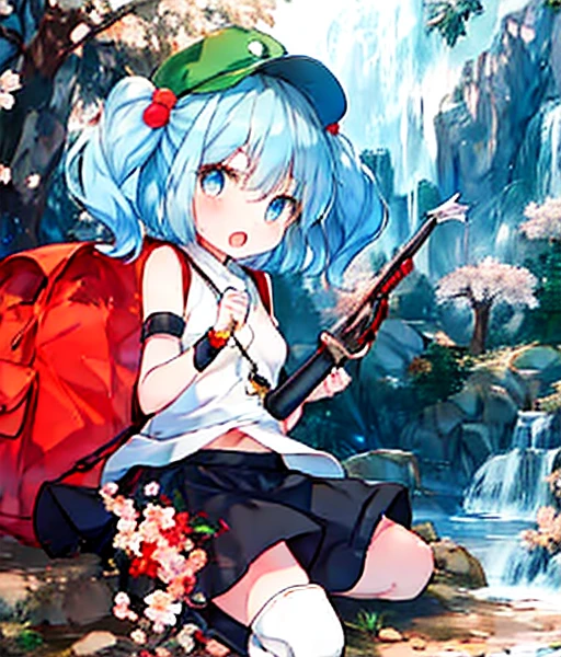 (Inubashiri Momiji and Kawashiro Nitori playing a board game),2girls, playing a board game,outdoors, inubashiri momiji, wolf ears, tokin hat, short hair, red eyes, white hair, detached sleeves,skirt, open mouth, kawashiro nitori, blue eyes, blue hair, medium hair, two side up, short twintails, sidelocks, blue shirt, short sleeves, collared shirt, frills, blue skirt, skirt set, pocket, knee boots, blue footwear, rubber boots, green headwear, flat cap, hair bobbles, backpack, key, cucumber, crowbar, reeds, mechanical arms, wrench, Riding a pure white thoroughbred　Riding a pure white winged horse　Cherry Blossoms at Night　Cherry blossom blizzard at night　Riding a pure white horse　Riding a Pure White Thoroughbred　Autumn scenery　autumn leaves🍁