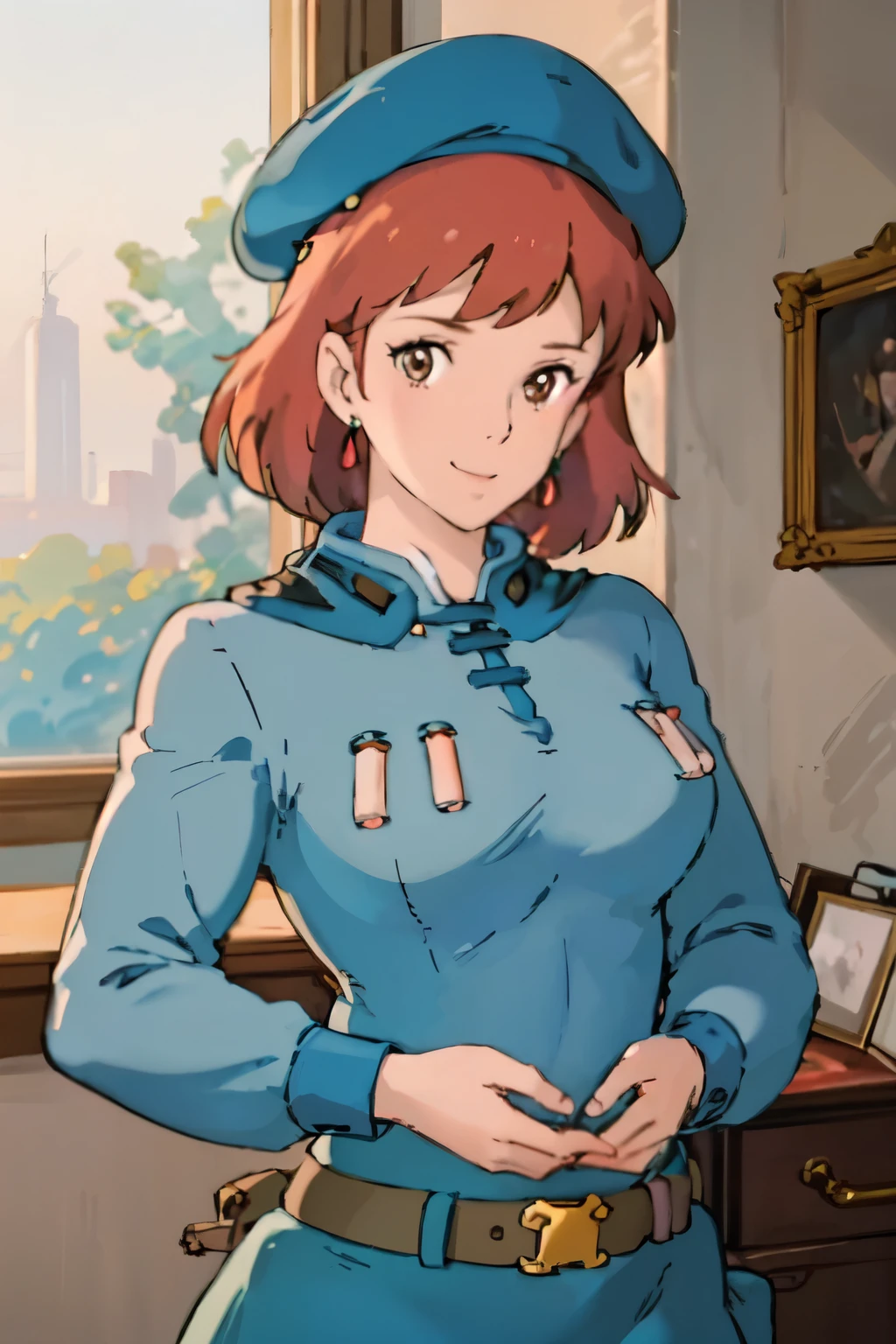 masterpiece, high quality, 1girl,, (masterpiece:1.4), (best qualit:1.4), (high resolution:1.4), 1girl, redhead, big breasts, muscular body, brown eyes, smile, Nausicaa, sit on a chair, colorful, upper body, ghibli style, sfw,  facing the viewer, looking at the viewer, blue uniform, blue skirt, belt, (blue beret)