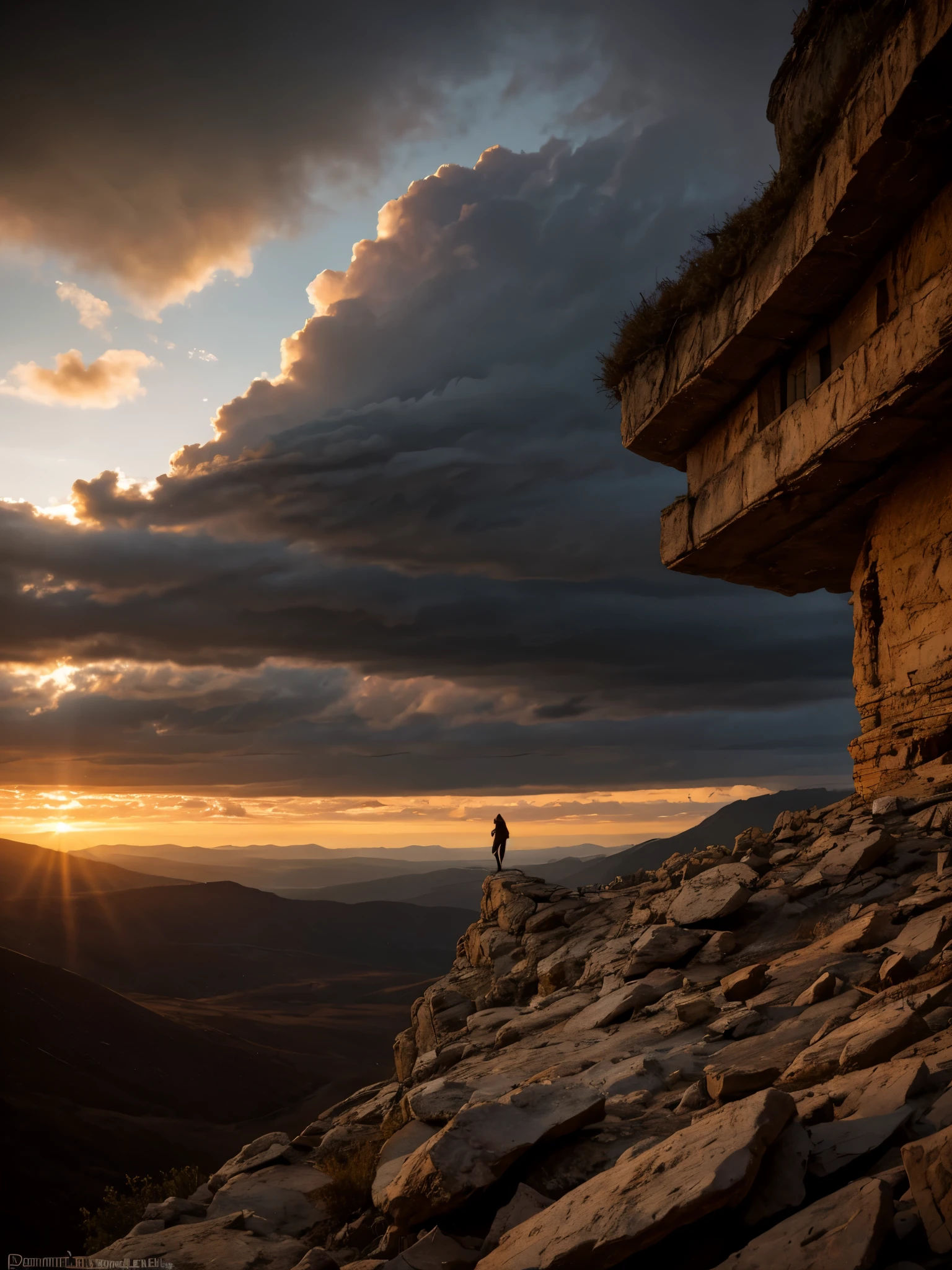 Spectacular artistic fusion,  The dreaded silence that hungers: out there and back. A lone figure of a female explorer with a backpack standing at the edge of a cliff, pensively staring out into a vast landscape of a dystopian and desolate city, at sunset, ray tracing, crepuscular rays, (cerebral:1.2), moody and atmospheric, cinematic masterpiece, a truly epic composition, apocalyptic art, futuristic folklore, (adventure pulp:1.3), she symbolises courage and resilience. The red haze fallout background should suggest a new dawn that aims to represent the "the day after tomorrow". Darkly Surreal colour palette, a combination of warm and cold hues, a spectacular fusion of colour and rich textures, surreal science fiction by surreal science fiction art—Simon Stålenhag, Jedd Chevrier, Michal Karcz, Darek Zabrocki, Kevin Jenkins and Sergei Sarichev, Piotr Jabłoński, ominous sky, Saby Menyhei, Sebastian Luca, immersive landscapes—Jon McCoy and Sparth, lush textures, unreal engine, octane render, visually interesting storytelling art, 4k, (epic art:1.4), gilded and desolate society to instill a sense of fear, but equally hope and a new beginning.