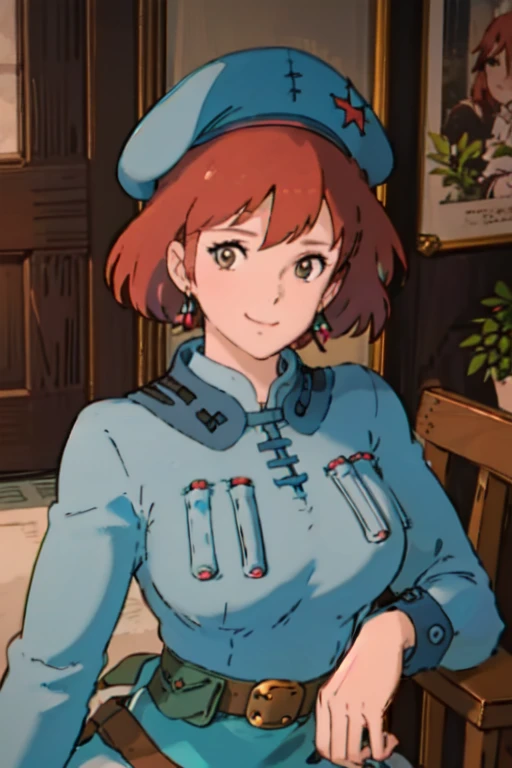 masterpiece, high quality, 1girl,, (masterpiece:1.4), (best qualit:1.4), (high resolution:1.4), 1girl, redhead, big breasts, muscular body, brown eyes, smile, Nausicaa, sit on a chair, colorful, upper body, ghibli style, sfw,  facing the viewer, looking at the viewer, blue uniform, blue skirt, belt, (blue beret)