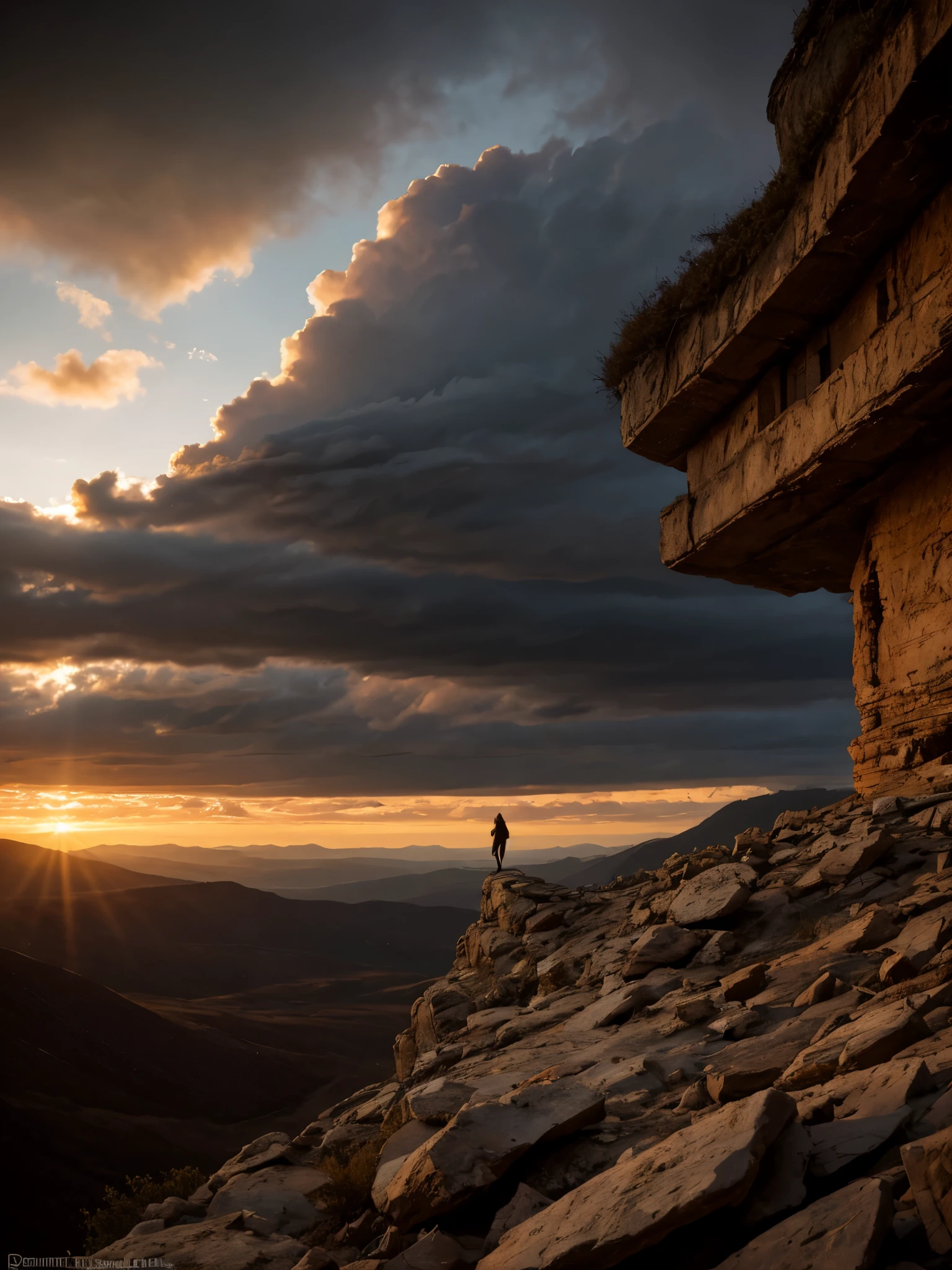 Spectacular artistic fusion,  The dreaded silence that hungers: out there and back. A lone figure of a female explorer with a backpack standing at the edge of a cliff, pensively staring out into a vast landscape of a dystopian and desolate city, at sunset, ray tracing, crepuscular rays, (cerebral:1.2), moody and atmospheric, cinematic masterpiece, a truly epic composition, apocalyptic art, futuristic folklore, (adventure pulp:1.3), she symbolises courage and resilience. The red haze fallout background should suggest a new dawn that aims to represent the "the day after tomorrow". Darkly Surreal colour palette, a combination of warm and cold hues, a spectacular fusion of colour and rich textures, surreal science fiction by surreal science fiction art—Simon Stålenhag, Jedd Chevrier, Michal Karcz, Darek Zabrocki, Kevin Jenkins and Sergei Sarichev, Piotr Jabłoński, ominous sky, Saby Menyhei, Sebastian Luca, immersive landscapes—Jon McCoy and Sparth, lush textures, unreal engine, octane render, visually interesting storytelling art, 4k, (epic art:1.4), gilded and desolate society to instill a sense of fear, but equally hope and a new beginning.