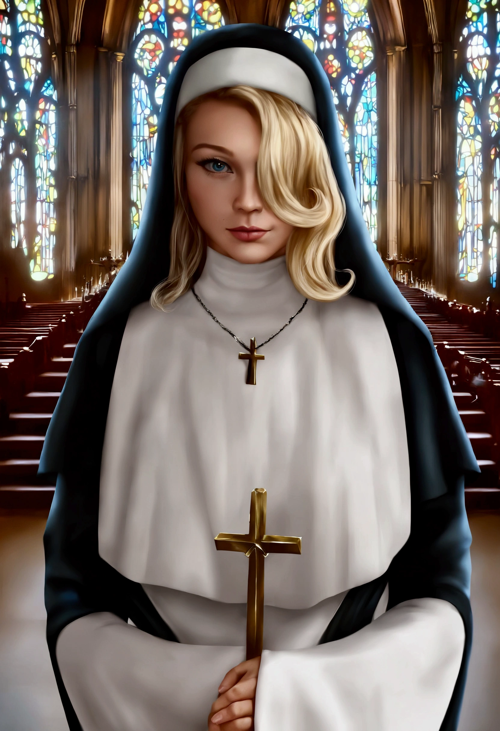 by Dino, best quality, masterpiece, detailed, aesthetic, best quality, masterpiece, detailed, aesthetic, blonde hair, church, 1girl, holding, nun, hair over one eye, indoors, cross, jewelry, lower half exposed,necklace, medium hair, robe, bounce light, realistic anatomy, high resolution, high quality, super detailed, sharp focus, perfect lighting, perfect colors, perfect perspective, balanced composition, hyperdetailed hatching, realistic proprotions,
