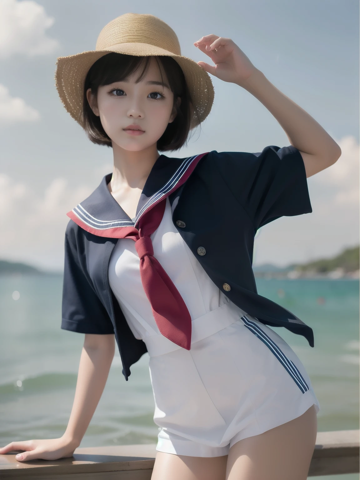 Top quality、super masterpiece、Clear image、Short Bob、A beautiful girl stretching her back against the wind、Super mini sailor suit、A dignified look、