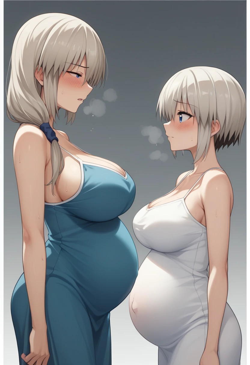 large breasts、blush、Sweat、In the heat、Long white hair、Braiding、uzaki_fortune、Standing、NTR、
{Highest quality}, {so beautiful}, {Very detailed}, {Best illustrations},Life、slim:1.5、Camisole long maxi dress(tight)、Are standing、Pregnant women、From the side:2、Staring at a huge penis、Standing男