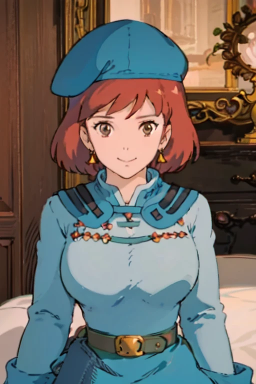 masterpiece, high quality, 1girl,, (masterpiece:1.4), (best qualit:1.4), (high resolution:1.4), 1girl, redhead, big breasts, muscular body, brown eyes, smile, Nausicaa, sit on a chair, colorful, upper body, ghibli style, sfw,  facing the viewer, looking at the viewer, blue uniform, blue skirt, belt, (blue beret)