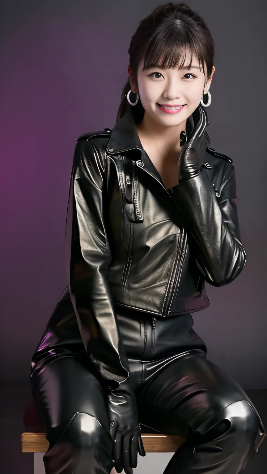 black leather rider jacket, Office in the Dark, Black leather gloved fingertips on both hands,Wearing black leather gloves,Sitting in a black leather chair、 Japanese female new recruits (Black leather gloves cover both hands) (The angle is horizontal)、Black Leather Pants,Black Leather Black Leather Pants,Black Leather Skinny Pants、very tight fit.   Long black leather boots on both feet、Black hair ponytail ((He wears black leather gloves on his hands))Full Body Photo,full body shot full body full body leather suit,☺Leather pants tucked into long boots、Full body shot from head to foot、very tight fit. If you turn in this direction。Wearing black leather gloves,Wearing black leather gloves,Wearing black leather gloves,Wearing black leather gloves,Wearing black leather gloves,Wearing black leather gloves,黒のレザーパンツが美しい😍黒のレザーパンツが美しい😍黒のレザーパンツが美しい,😍Smiling while looking at me,City lights、((Neon Cyberpunk City Street:1.3))、(Neon Light)、Detailed lighting、

Best image quality、Ultra-high resolution、(realism:1.4)、Korean Beauty Star、The most beautiful KPOP stars、face、Horny Korean Makeup、A body that makes you want to touch it、Realistic leather texture、Costume made of smooth leather fabric、The drape of the curved parts of the leather fabric、The costume is very shiny、Quality of the costume、8K Photo Quality
