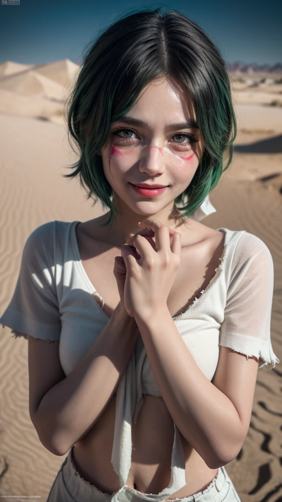 high quality, 8k, super detailed, fotorrealistaNelliel orders Schwank, green hair, yellow eyes, skull, facial mark, smile, parted lips, wiping away the tears, torn clothes, Desert, white sand, Pitch black sky, 【Pitch black sky】