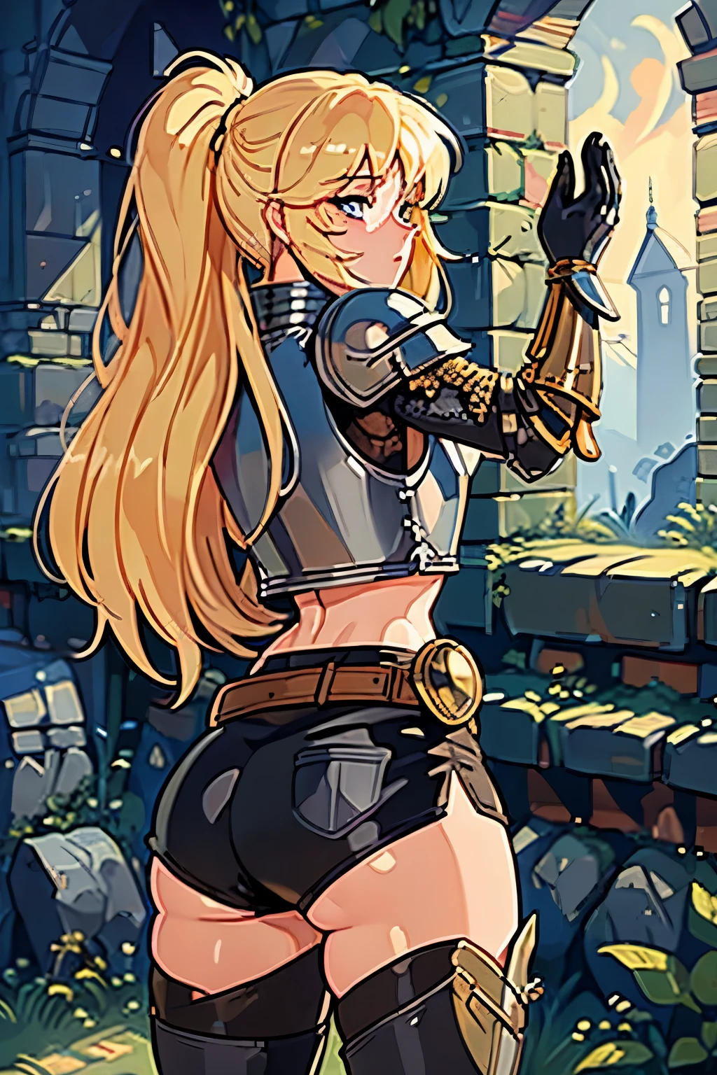 ((ultra-detailed)), (beautiful detailed eyes), (masterpiece), best quality, expressive eyes, perfect face, 1girl, knight, gold armour, white shirt, black shorts, white pantyhose, gold bracers, black gloves, plate armour, knee boots, blonde hair, long hair, knight, paladin, ranger, pirate, knightgirl, armor, rogue, torch, wooden doors, ruins, abandoned, old, moss, stone wall, underground, dungeon, dungeon-background, iron doors, medieval-armor-girl, armored, p line, yoga shorts, retro anime, 1990s anime, (cinematic lighting), (illustration), anime, (((best quality))), best quality, ((back))