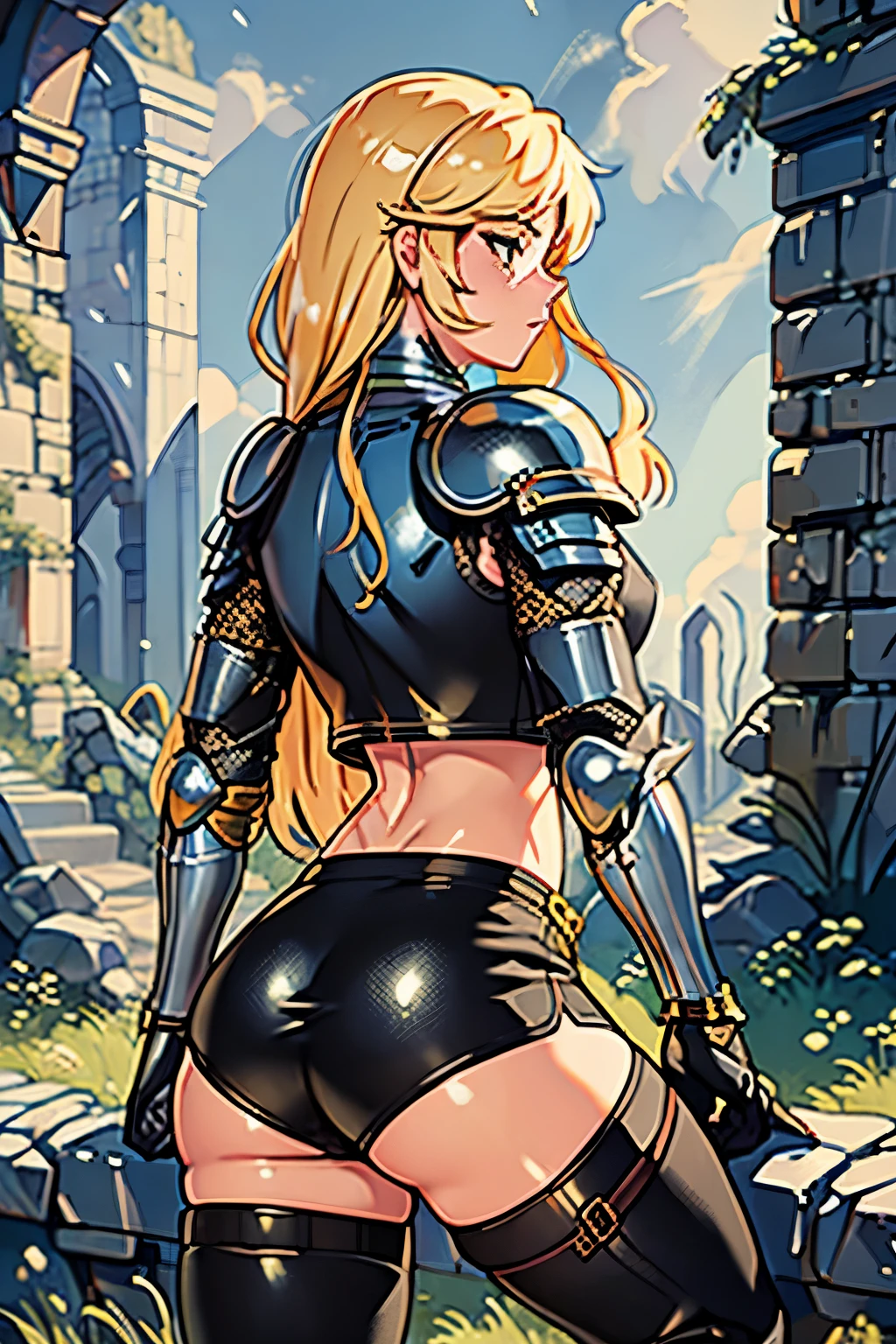 ((ultra-detailed)), (beautiful detailed eyes), (masterpiece), best quality, expressive eyes, perfect face, 1girl, knight, gold armour, white shirt, black shorts, white pantyhose, gold bracers, black gloves, plate armour, knee boots, blonde hair, long hair, knight, paladin, ranger, pirate, knightgirl, armor, rogue, torch, wooden doors, ruins, abandoned, old, moss, stone wall, underground, dungeon, dungeon-background, iron doors, medieval-armor-girl, armored, p line, yoga shorts, retro anime, 1990s anime, (cinematic lighting), (illustration), anime, (((best quality))), best quality, ((back))