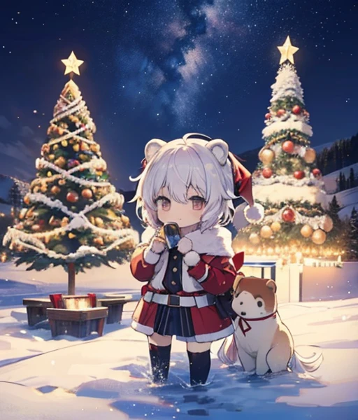 shirogane noel are having a christmas party, christmas trees with snow scenery, white horse with santa claus next to him 🐎, eating christmas cake and drinking champagne, mary christmass with horses shirogane noel, journalisitc flying in the sky, journalisitc flying in the sky, badass, small chest, shooting stars, night sky, the newspapers arround him flying, jupiter orbit, shameimaru aya, yukkuri, 1chibi princess, stand next to 🐻, smirk, cute, (chibi