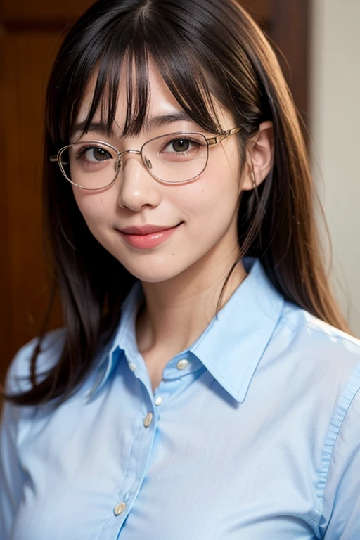 watching anime、Japanese、woman、25 years old、smile、long hair、glasses、Otaku、Room wear、one's home、Her bangs are tied with a rubber band.