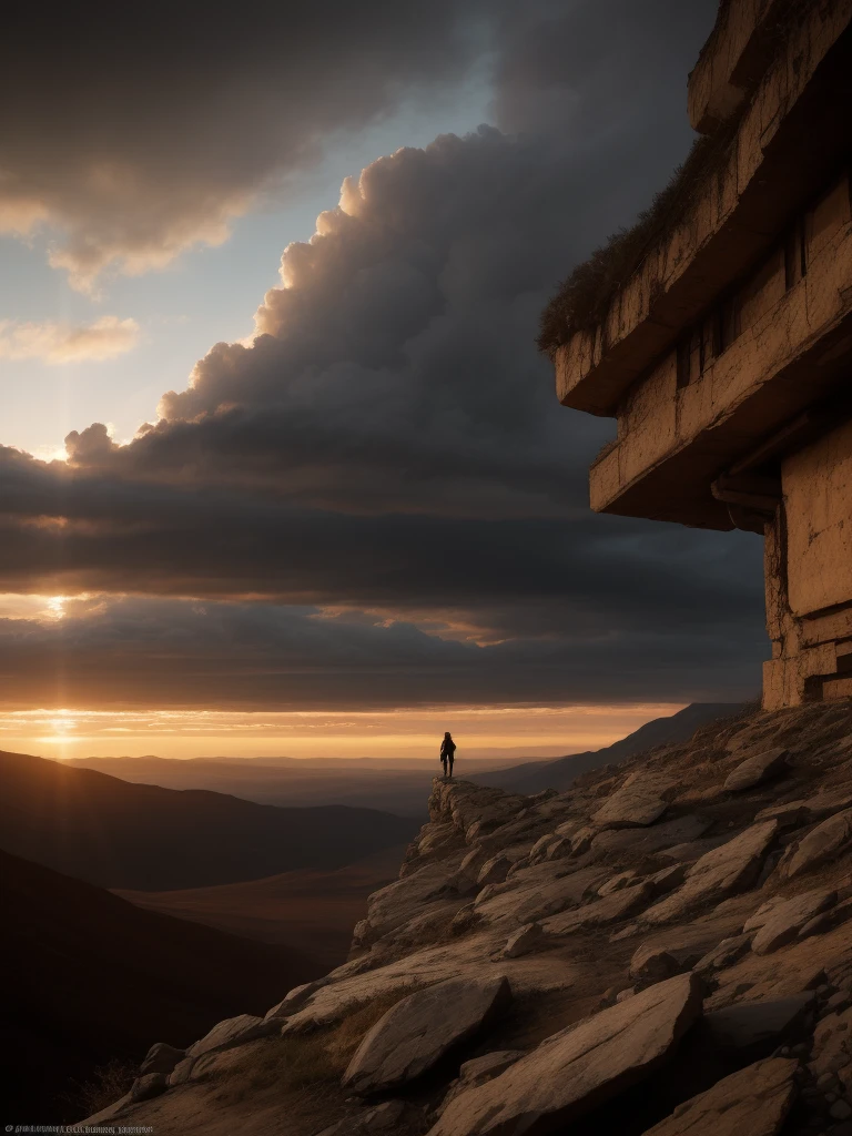 Spectacular artistic fusion,  The dreaded silence that hungers: out there and back. A lone figure of a female explorer with a backpack standing at the edge of a cliff, pensively staring out into a vast landscape of a dystopian and desolate city, at sunset, ray tracing, crepuscular rays, (cerebral:1.2), moody and atmospheric, cinematic masterpiece, a truly epic composition, apocalyptic art, futuristic folklore, (adventure pulp:1.3), she symbolises courage and resilience. The red haze fallout background should suggest a new dawn that aims to represent the "the day after tomorrow". Darkly Surreal colour palette, a combination of warm and cold hues, a spectacular fusion of colour and rich textures, surreal science fiction by surreal science fiction art—Simon Stålenhag, Jedd Chevrier, Michal Karcz, Darek Zabrocki, Kevin Jenkins and Sergei Sarichev, Piotr Jabłoński, ominous sky, Saby Menyhei, Sebastian Luca, immersive landscapes—Jon McCoy and Sparth, lush textures, unreal engine, octane render, visually interesting storytelling art, 4k, (epic art:1.4), gilded and desolate society to instill a sense of fear, but equally hope and a new beginning.