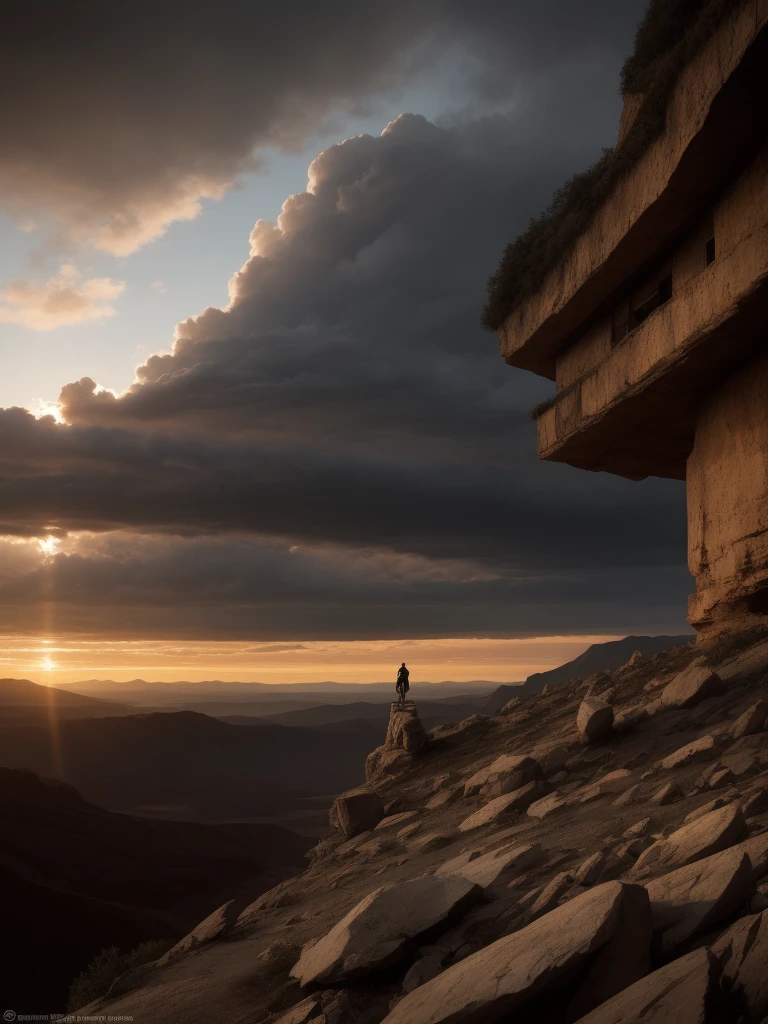 Spectacular artistic fusion,  The dreaded silence that hungers: out there and back. A lone figure of a female explorer with a backpack standing at the edge of a cliff, pensively staring out into a vast landscape of a dystopian and desolate city, at sunset, ray tracing, crepuscular rays, (cerebral:1.2), moody and atmospheric, cinematic masterpiece, a truly epic composition, apocalyptic art, futuristic folklore, (adventure pulp:1.3), she symbolises courage and resilience. The red haze fallout background should suggest a new dawn that aims to represent the "the day after tomorrow". Darkly Surreal colour palette, a combination of warm and cold hues, a spectacular fusion of colour and rich textures, surreal science fiction by surreal science fiction art—Simon Stålenhag, Jedd Chevrier, Michal Karcz, Darek Zabrocki, Kevin Jenkins and Sergei Sarichev, Piotr Jabłoński, ominous sky, Saby Menyhei, Sebastian Luca, immersive landscapes—Jon McCoy and Sparth, lush textures, unreal engine, octane render, visually interesting storytelling art, 4k, (epic art:1.4), gilded and desolate society to instill a sense of fear, but equally hope and a new beginning.