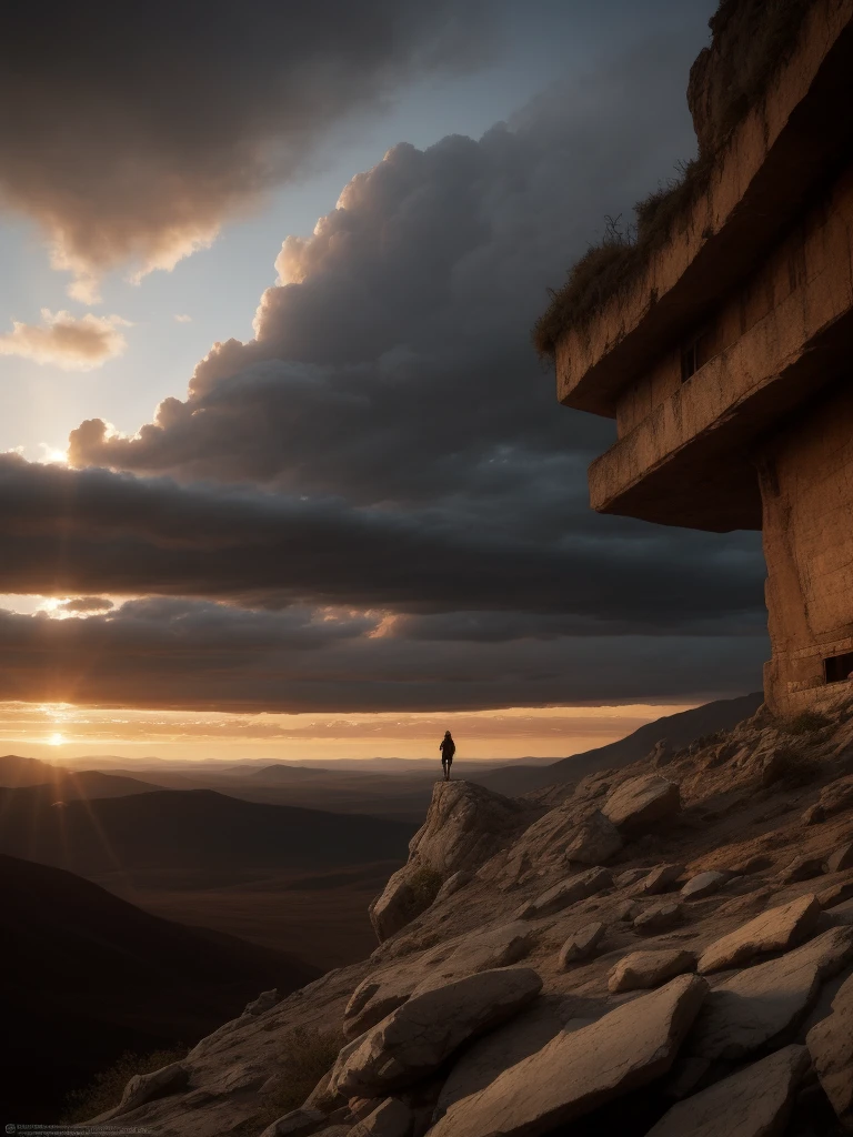 Spectacular artistic fusion,  The dreaded silence that hungers: out there and back. A lone figure of a female explorer with a backpack standing at the edge of a cliff, pensively staring out into a vast landscape of a dystopian and desolate city, at sunset, ray tracing, crepuscular rays, (cerebral:1.2), moody and atmospheric, cinematic masterpiece, a truly epic composition, apocalyptic art, futuristic folklore, (adventure pulp:1.3), she symbolises courage and resilience. The red haze fallout background should suggest a new dawn that aims to represent the "the day after tomorrow". Darkly Surreal colour palette, a combination of warm and cold hues, a spectacular fusion of colour and rich textures, surreal science fiction by surreal science fiction art—Simon Stålenhag, Jedd Chevrier, Michal Karcz, Darek Zabrocki, Kevin Jenkins and Sergei Sarichev, Piotr Jabłoński, ominous sky, Saby Menyhei, Sebastian Luca, immersive landscapes—Jon McCoy and Sparth, lush textures, unreal engine, octane render, visually interesting storytelling art, 4k, (epic art:1.4), gilded and desolate society to instill a sense of fear, but equally hope and a new beginning.