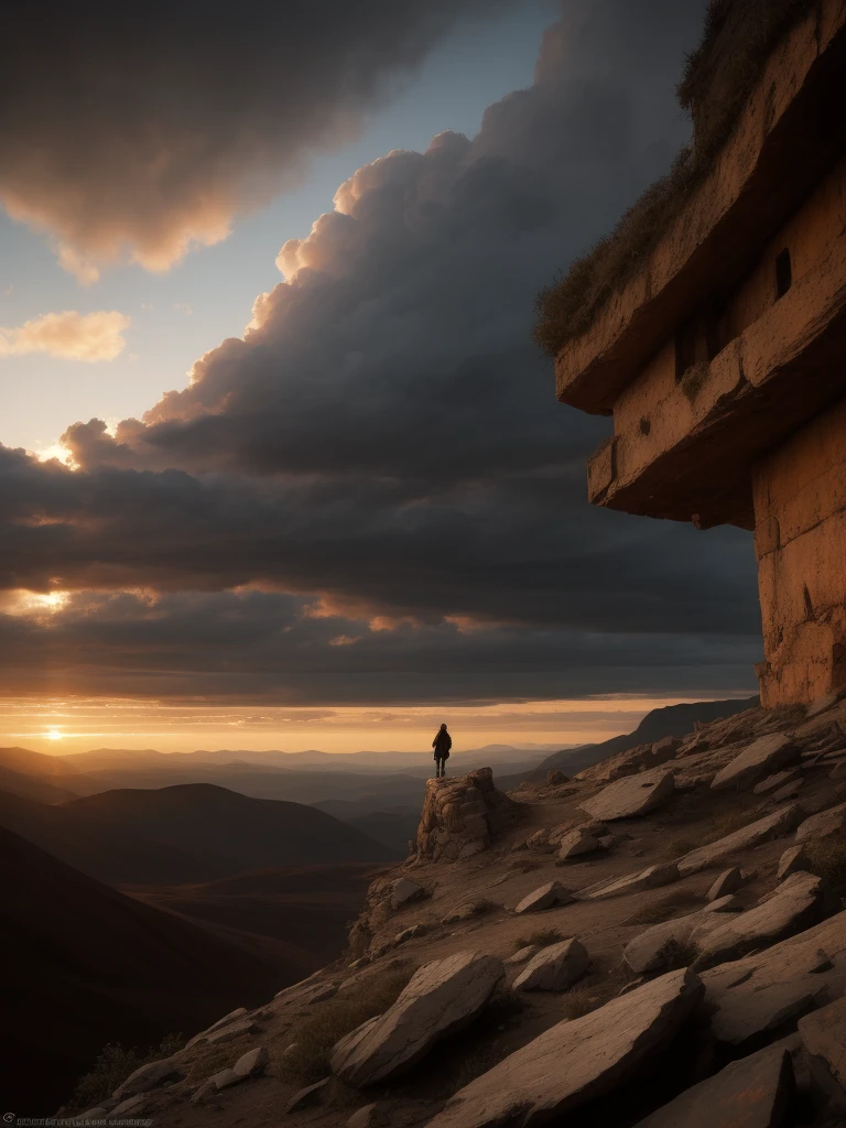 Spectacular artistic fusion,  The dreaded silence that hungers: out there and back. A lone figure of a female explorer with a backpack standing at the edge of a cliff, pensively staring out into a vast landscape of a dystopian and desolate city, at sunset, ray tracing, crepuscular rays, (cerebral:1.2), moody and atmospheric, cinematic masterpiece, a truly epic composition, apocalyptic art, futuristic folklore, (adventure pulp:1.3), she symbolises courage and resilience. The red haze fallout background should suggest a new dawn that aims to represent the "the day after tomorrow". Darkly Surreal colour palette, a combination of warm and cold hues, a spectacular fusion of colour and rich textures, surreal science fiction by surreal science fiction art—Simon Stålenhag, Jedd Chevrier, Michal Karcz, Darek Zabrocki, Kevin Jenkins and Sergei Sarichev, Piotr Jabłoński, ominous sky, Saby Menyhei, Sebastian Luca, immersive landscapes—Jon McCoy and Sparth, lush textures, unreal engine, octane render, visually interesting storytelling art, 4k, (epic art:1.4), gilded and desolate society to instill a sense of fear, but equally hope and a new beginning.