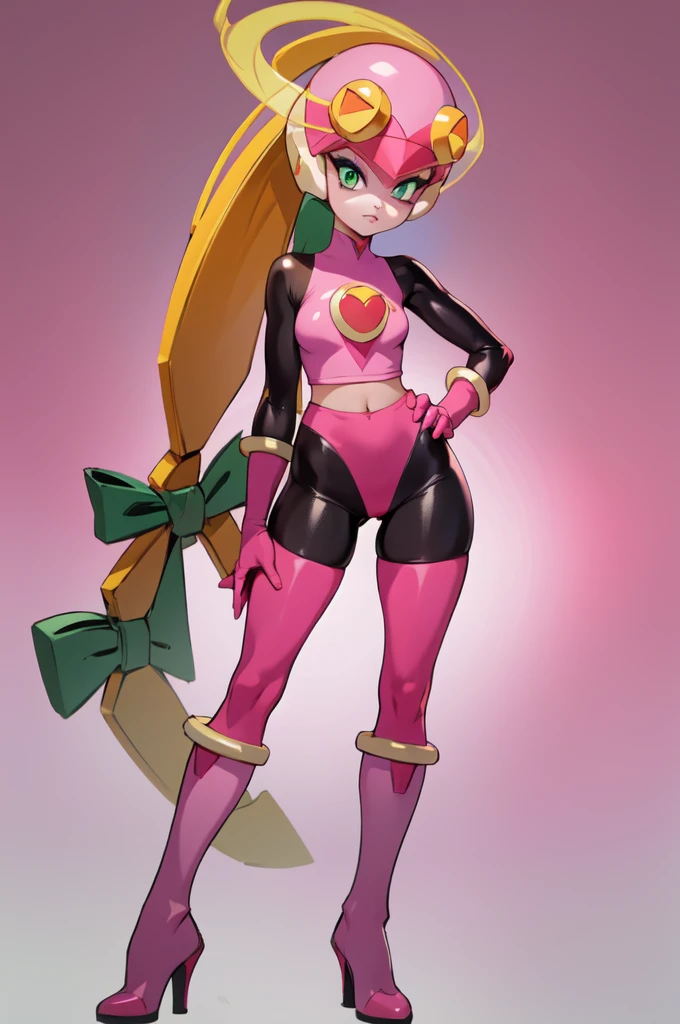 masterpiece, best quality, 1girl, evilroll, helmet, blonde hair, green eyes, eyeshadow, makeup, high heels, fang out, bodysuit, pink gloves, pink boots, hands on hips, simple background 